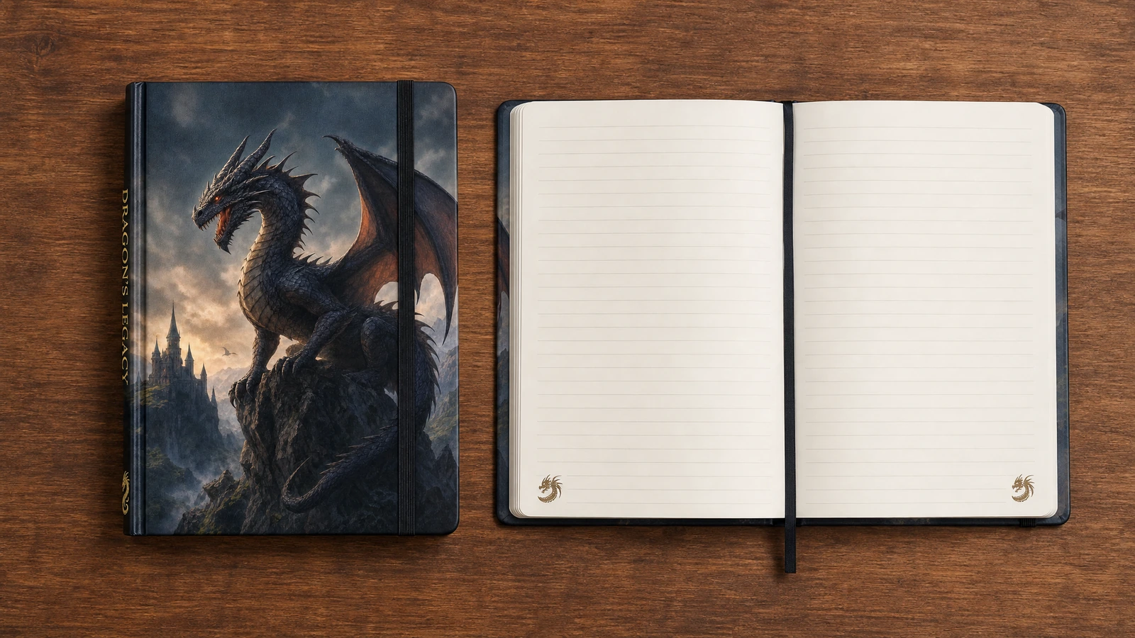 Capa com dragão e páginas pautadas de caderno Caderno ilustrativo fechado com design de dragão ao lado de um caderno pautado aberto com marcador de fita
