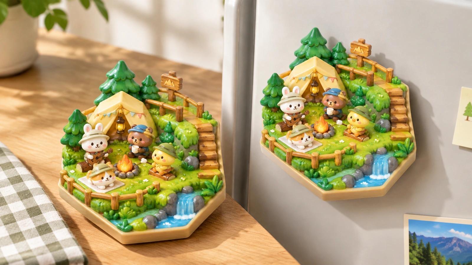 Conceito de exibição do ímã com cena de acampamento Ímãs com cena de acampamento expostos sobre uma mesa e na porta da geladeira