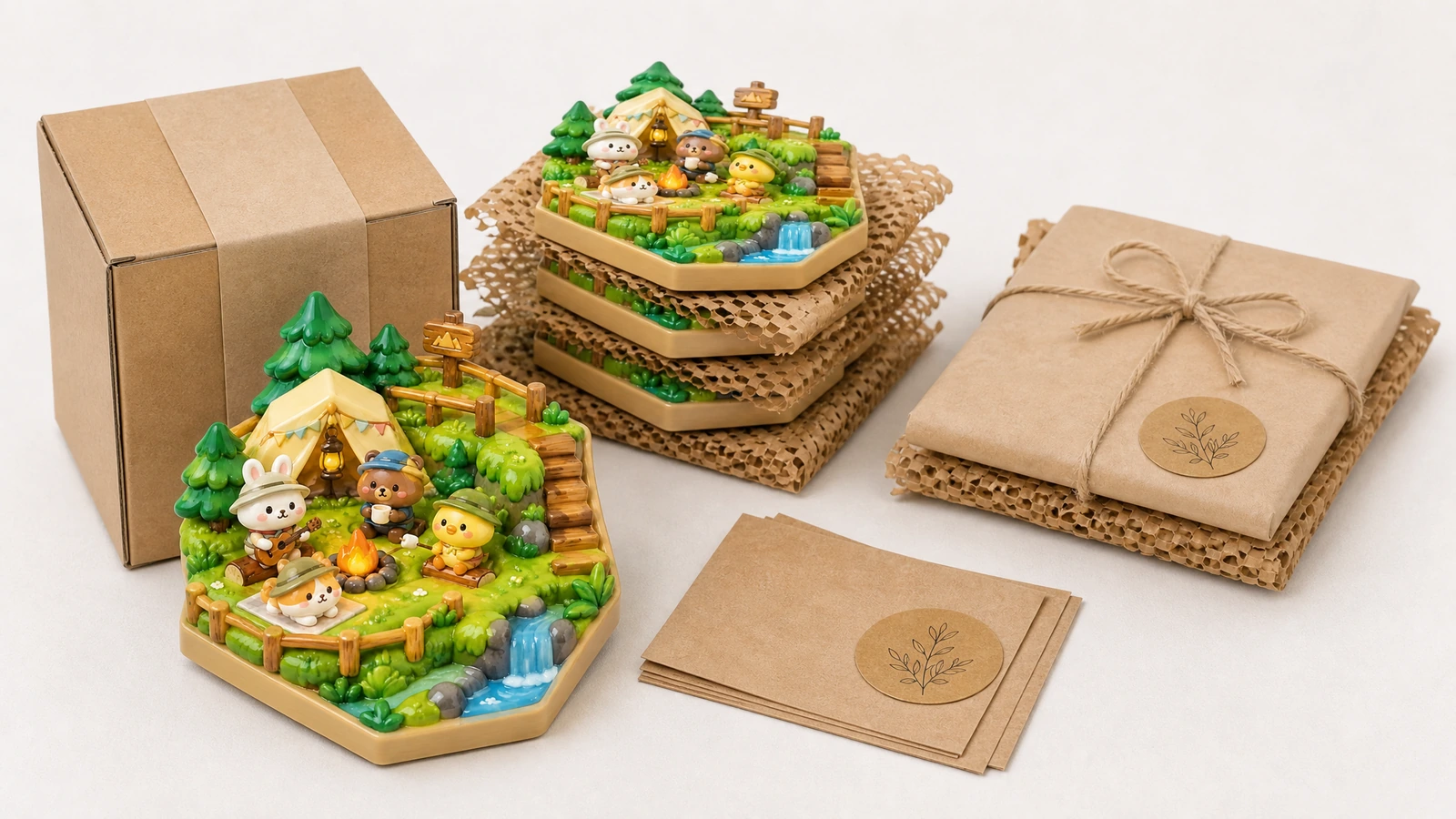 Conceito de embalagem do ímã com cena de acampamento Ímãs com cena de acampamento em caixas marrons, papel colmeia e pacotes embalados