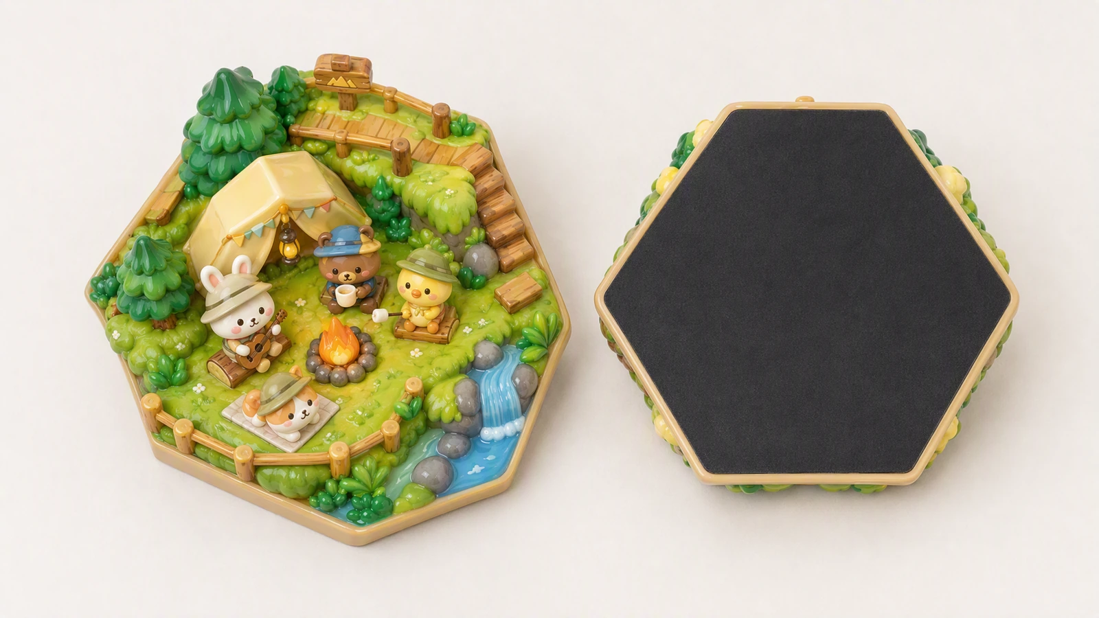 Ímã com cena de acampamento, frente e verso Vistas frontal e traseira preta de um ímã hexagonal com cena de acampamento