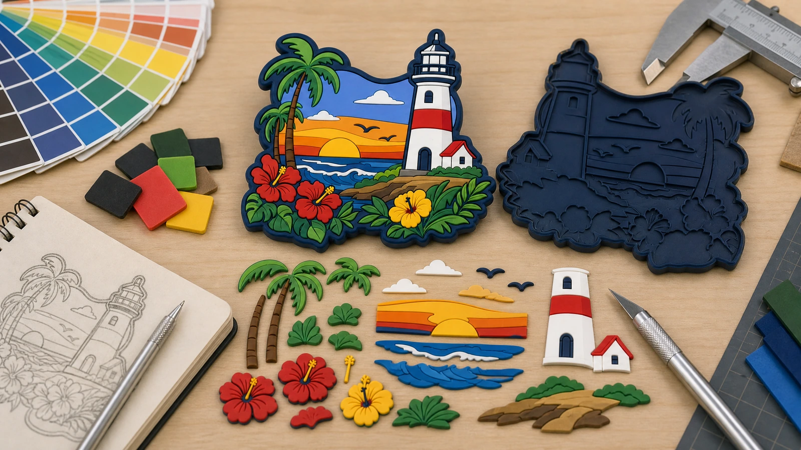 Ímã de PVC com design de farol ilustrativo, face sem cor e peças coloridas separadas ao lado de um esboço e de um paquímetro