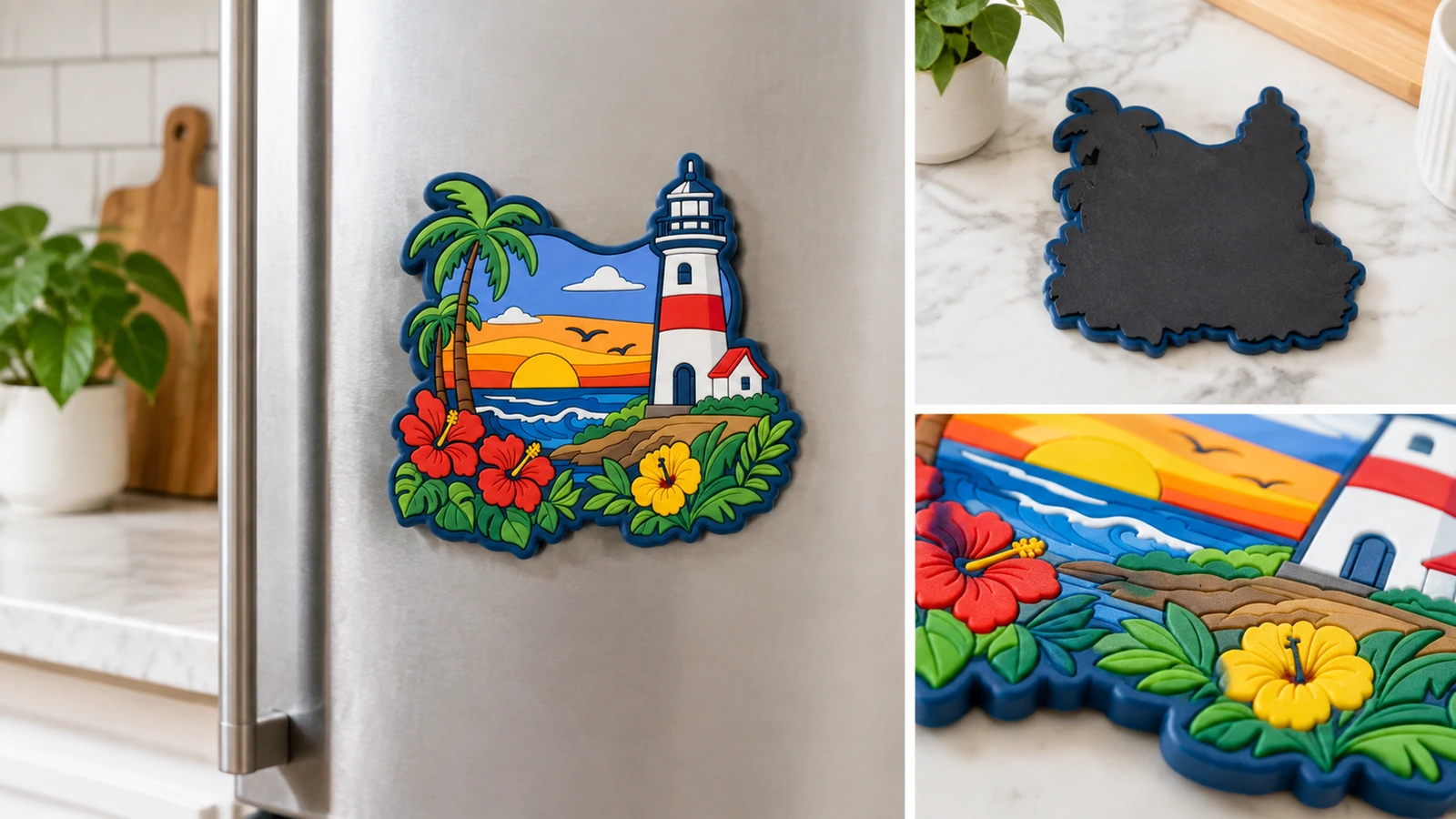 Colagem ilustrativa de um ímã de farol em uma geladeira, com verso e detalhe moldado