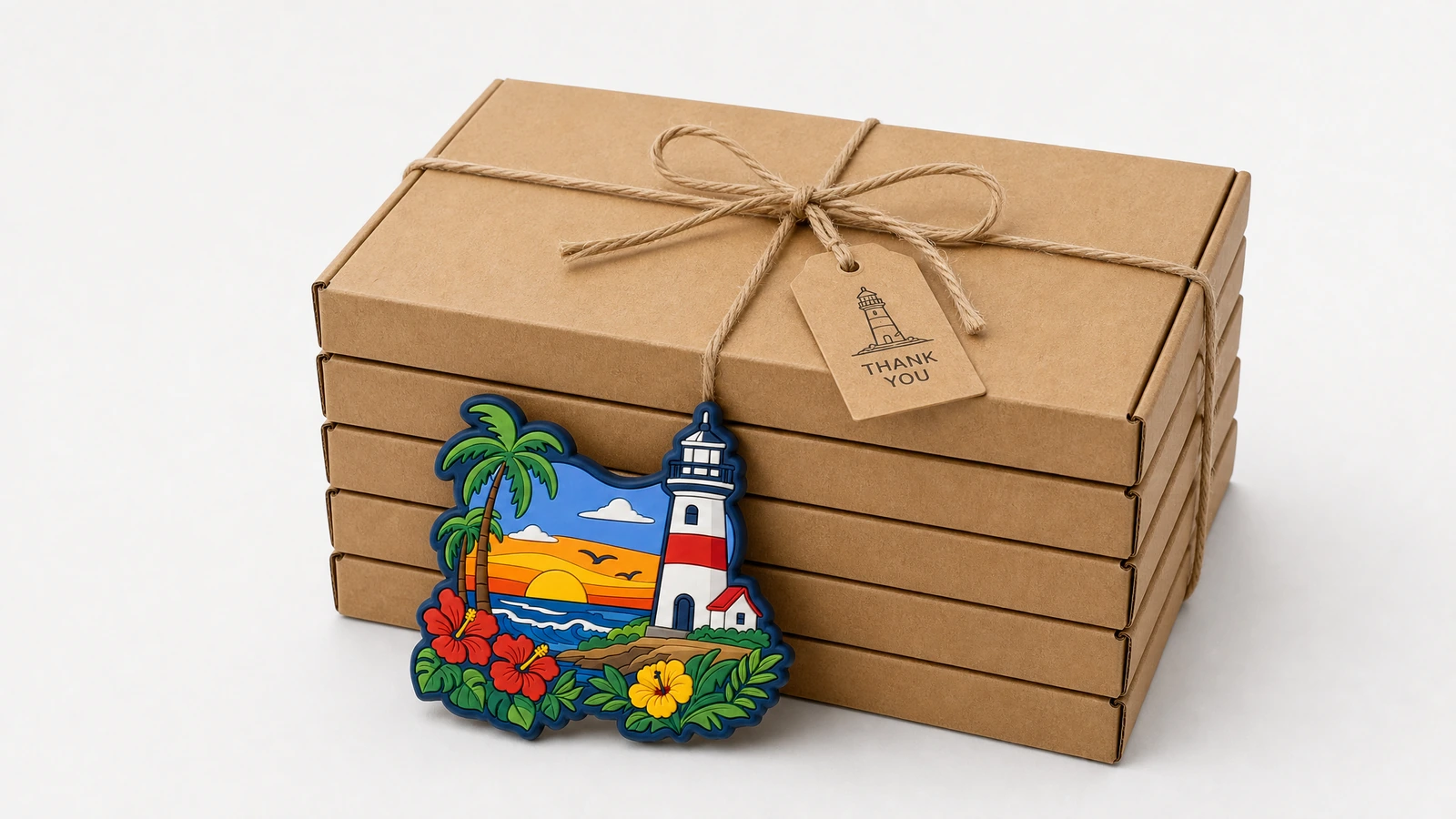 Ímã ilustrativo com design de farol ao lado de caixas de presente de papel kraft empilhadas e amarradas com barbante