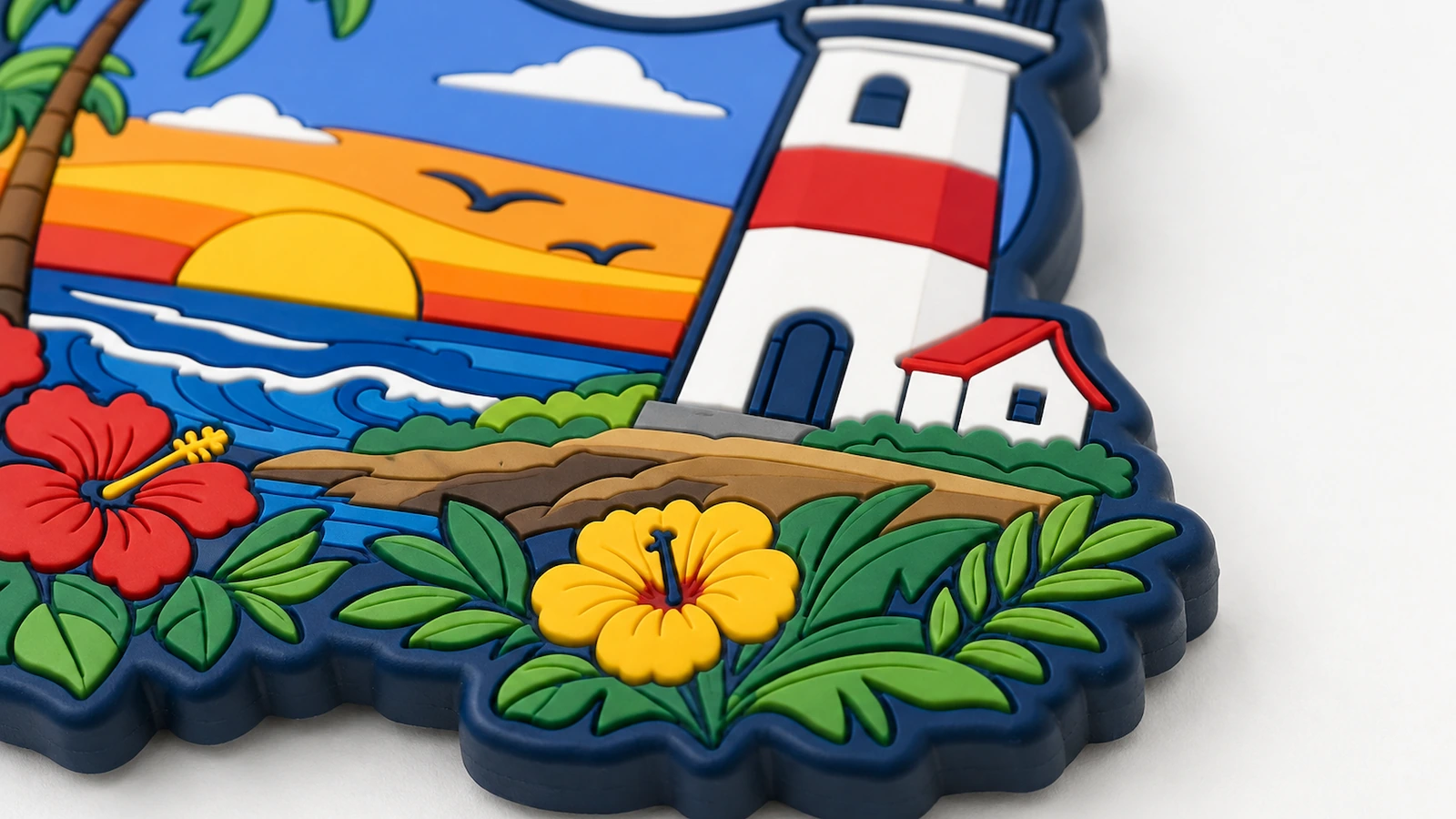 Close-up ilustrativo de farol em relevo, flores e detalhes de pôr do sol em um ímã de PVC