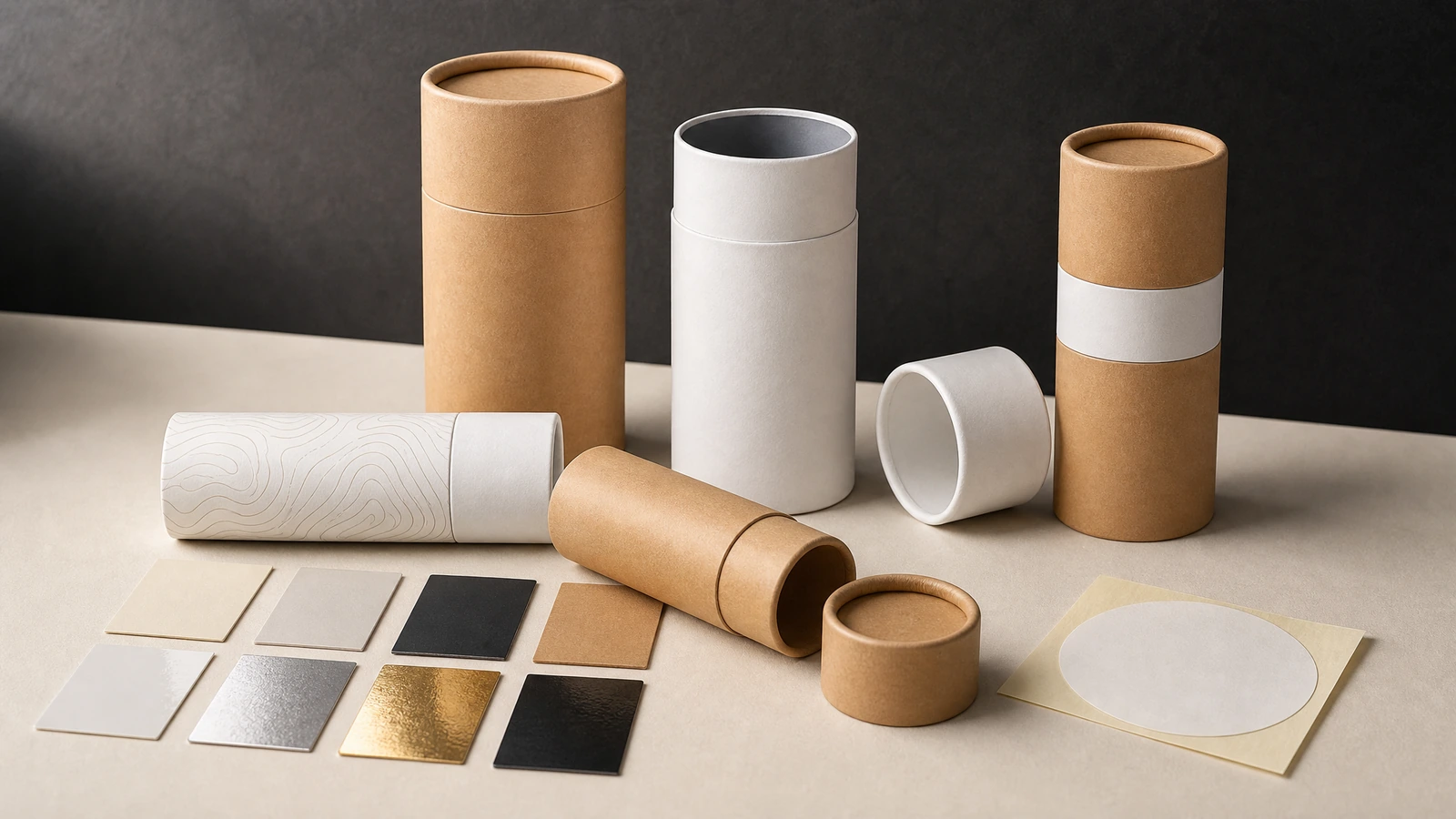 Designs de tubo e amostras de acabamento Caixas cilíndricas em kraft e brancas, com tampas removíveis, ao lado de amostras de acabamento e de papel