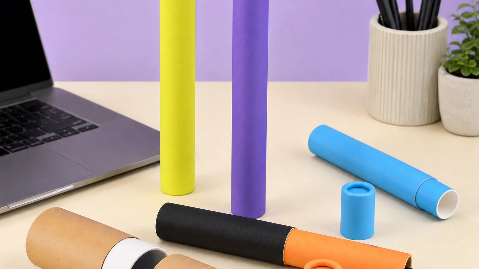 Conceitos de tubo coloridos e em kraft Tubos cilíndricos de cores vivas e em kraft, com extremidades abertas e fechadas, sobre uma mesa