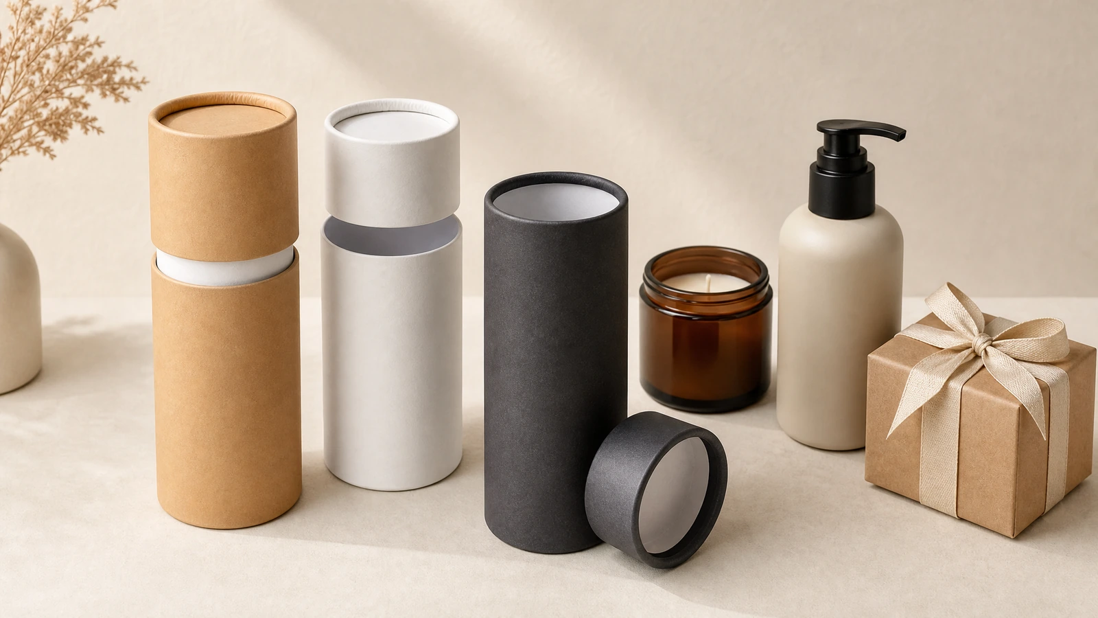 Aplicações ilustrativas de embalagens em tubo Tubos de papel kraft, brancos e escuros ao lado de um pote de vela, de um frasco com bomba dosadora e de um presente embrulhado