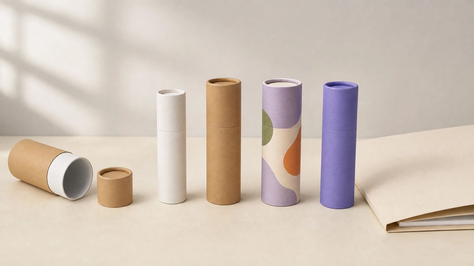 Amostras de tubo lisas e decoradas Amostras de tubo de papel lisas e decoradas em pé, ao lado de um tubo kraft aberto