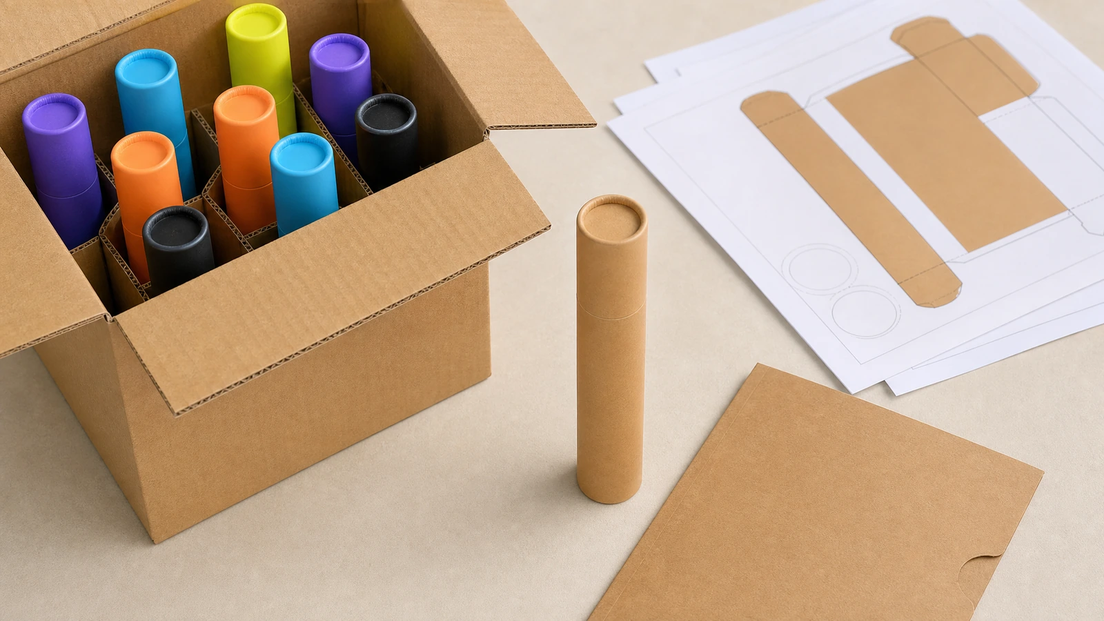 Conceito de acondicionamento de tubos e desenho da caixa Tubos coloridos acondicionados em pé em uma caixa de papelão, ao lado de um tubo kraft e de um desenho da caixa