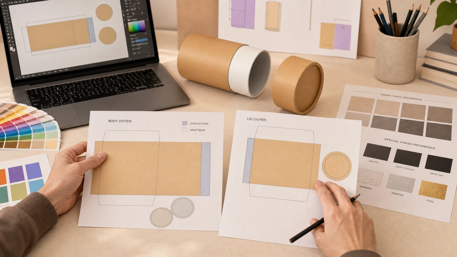 Revisão da arte do tubo e de amostras Mãos revisando folhas de arte do corpo e da tampa ao lado de um laptop, amostras e um tubo kraft aberto