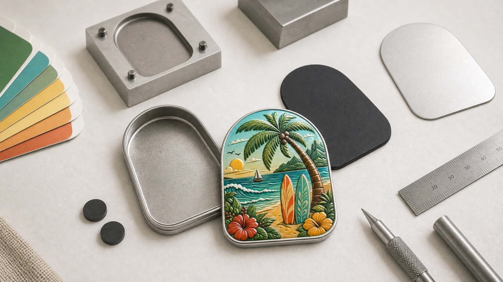 Exibição do design e dos componentes do ímã de folha de flandres Ilustração de ímã de folha de flandres com design tropical, peças de metal e de suporte preto ao lado de ferramentas de arte