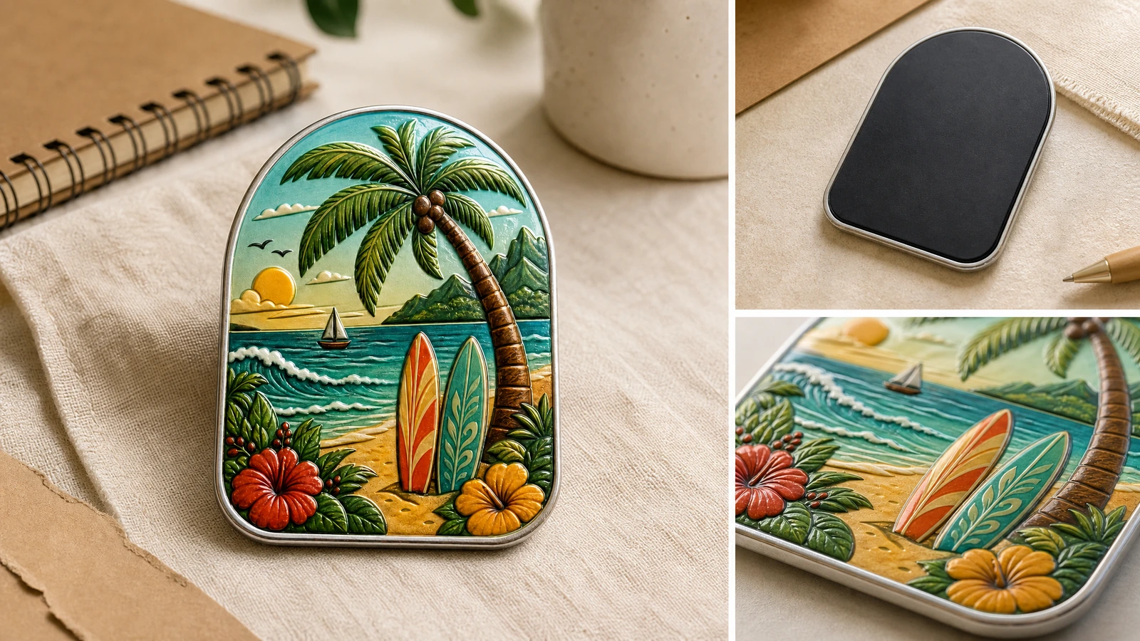 Frente, verso e detalhe em relevo do ímã de folha de flandres Colagem ilustrativa da frente de um ímã tropical, do verso preto e de um close da arte em relevo