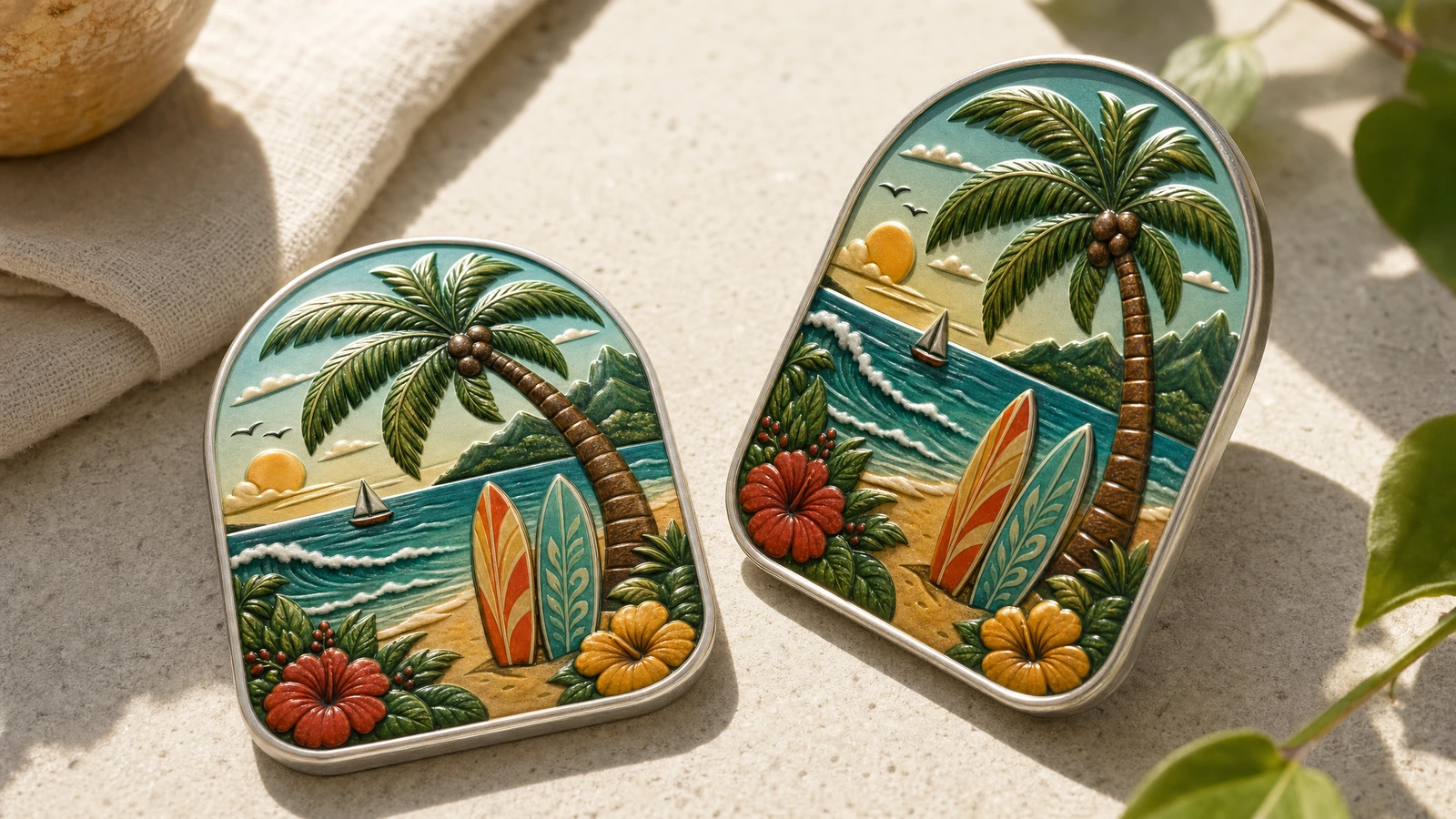 Dois ímãs tropicais de folha de flandres Ilustração de um par de ímãs tropicais de folha de flandres sobre uma superfície clara
