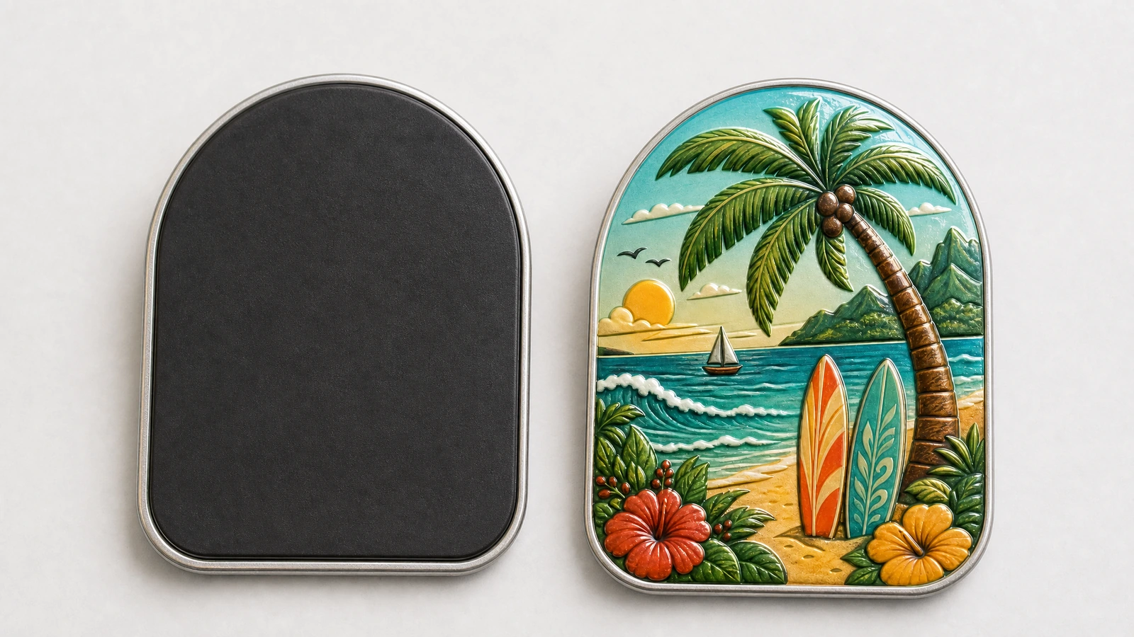Frente e verso do ímã de folha de flandres Ilustração da frente de um ímã de design tropical ao lado do verso com suporte preto