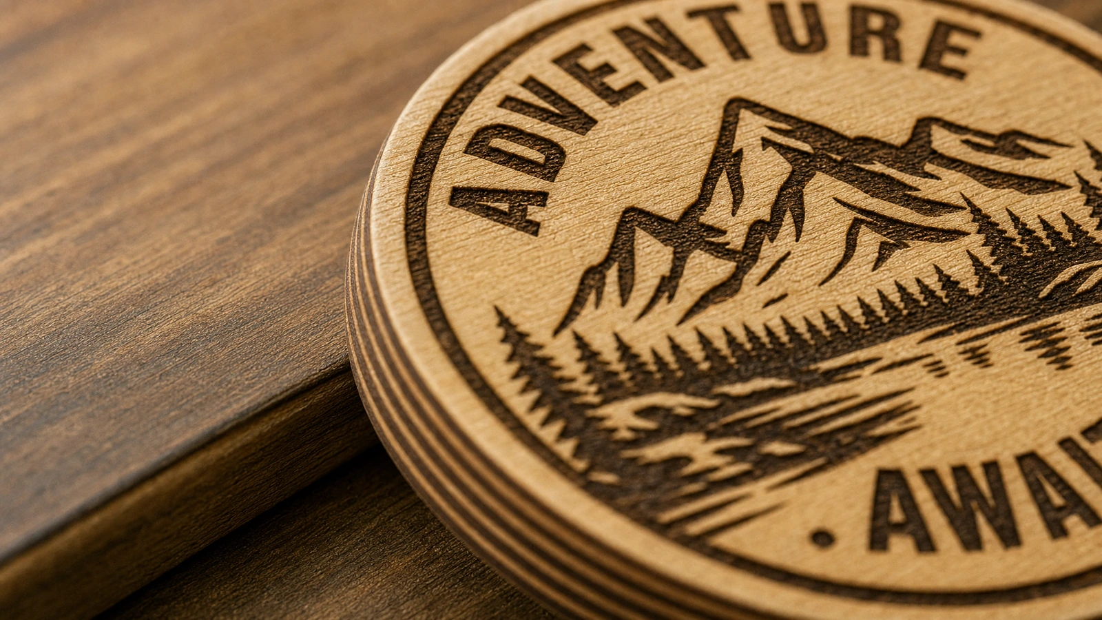 Superfície de madeira gravada e borda em camadas Close-up da gravação de montanha e das letras “Adventure Awaits” em um disco de madeira em camadas