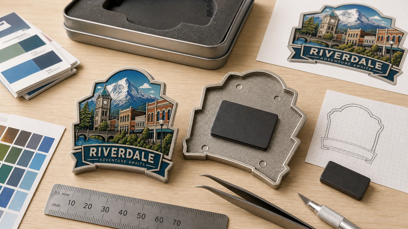 Design e exibição de componentes do ímã de lembrança Ímã de lembrança Riverdale ilustrativo, peça do verso, arte e amostras de cor ao lado de uma régua