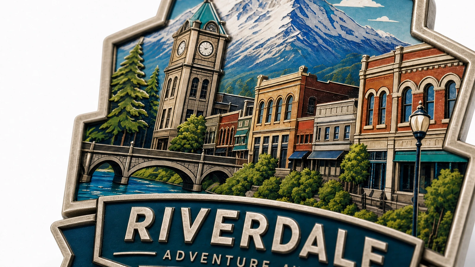 Close-up da arte do ímã de lembrança Close-up ilustrativo de edifícios, arte de montanhas e letras Riverdale na face do ímã