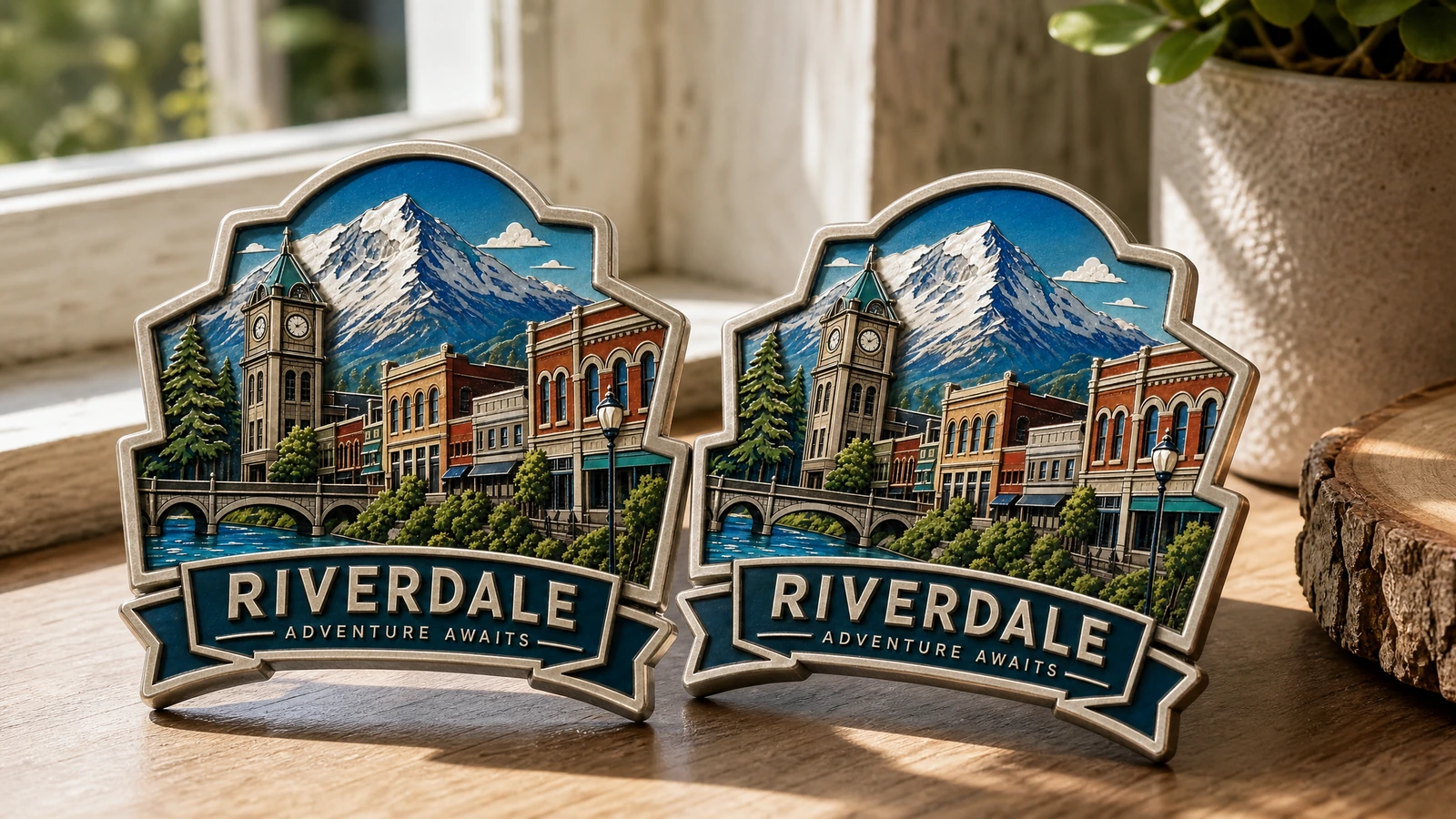 Dois ímãs de lembrança em exibição Par ilustrativo de ímãs de lembrança Riverdale sobre um peitoril de madeira