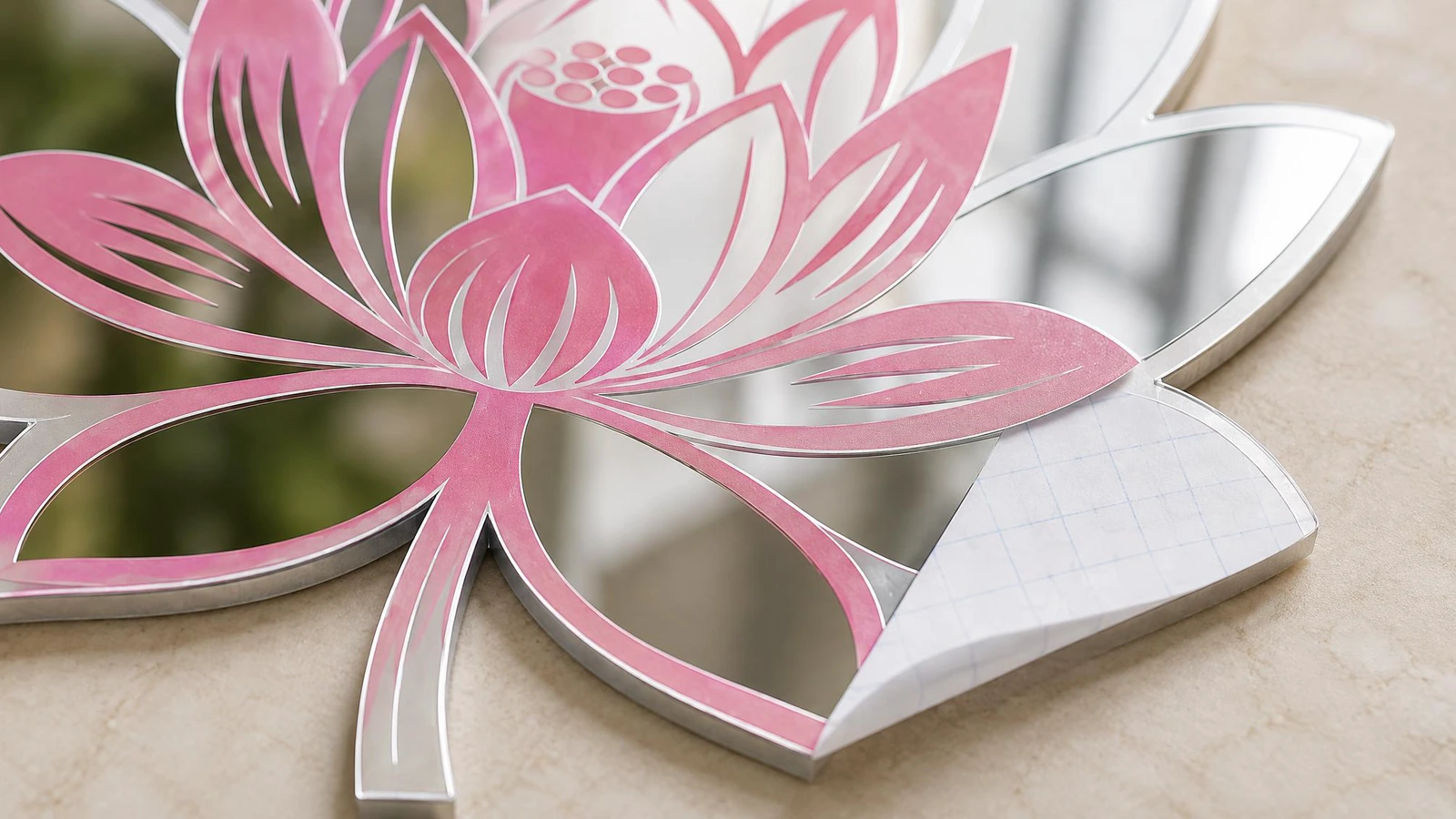 Detalhe em close-up de arte de lótus rosa em um decalque espelhado, com um canto do papel protetor branco destacado