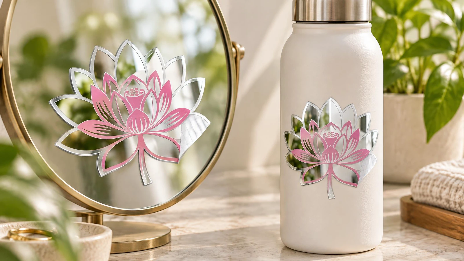 Decalques de lótus rosa e prata expostos sobre um espelho de mesa e uma garrafa branca