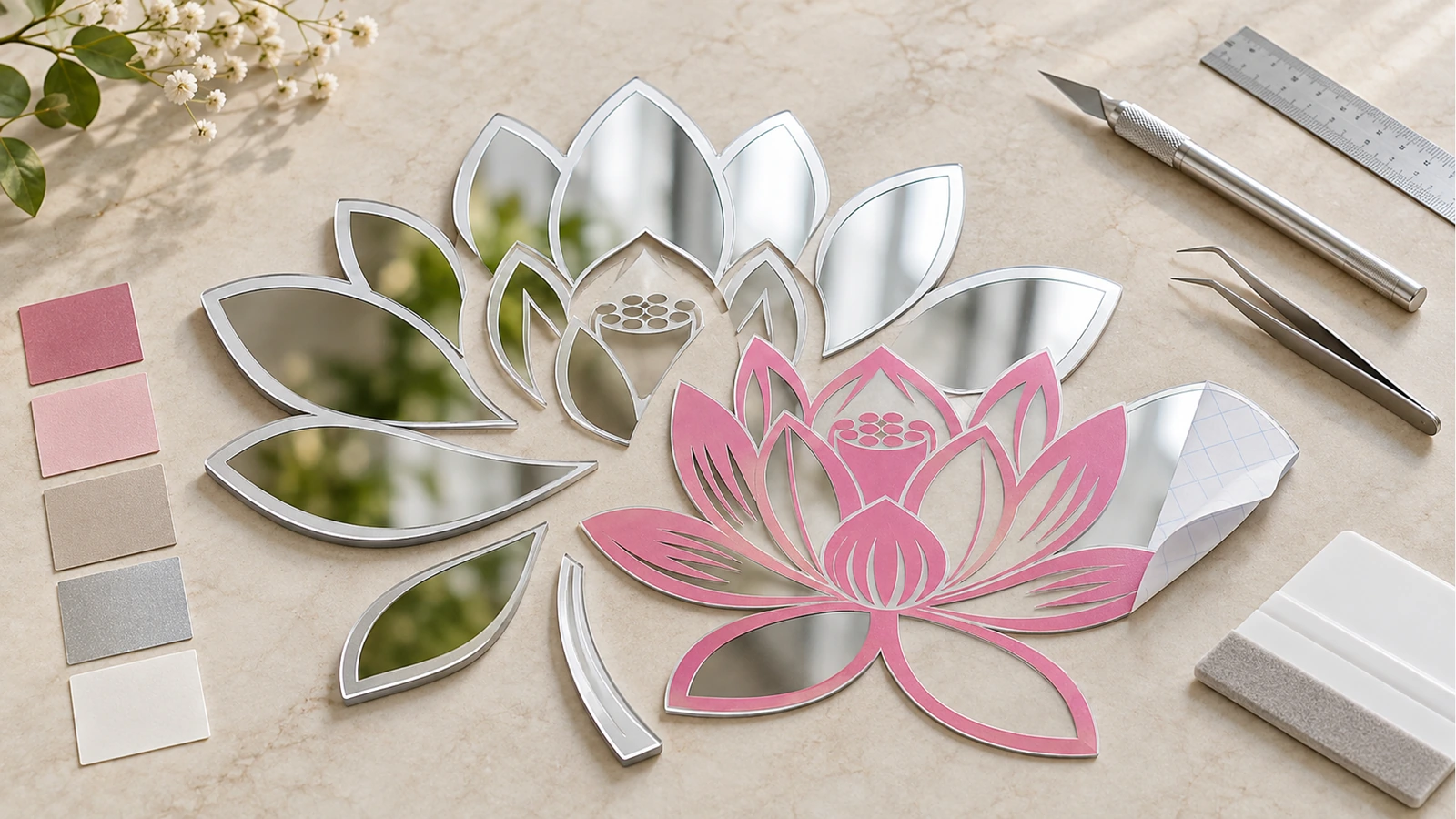 Decalque de lótus espelhado prateado com detalhe floral rosa ao lado de amostras de cores, uma régua e um estilete sobre uma mesa