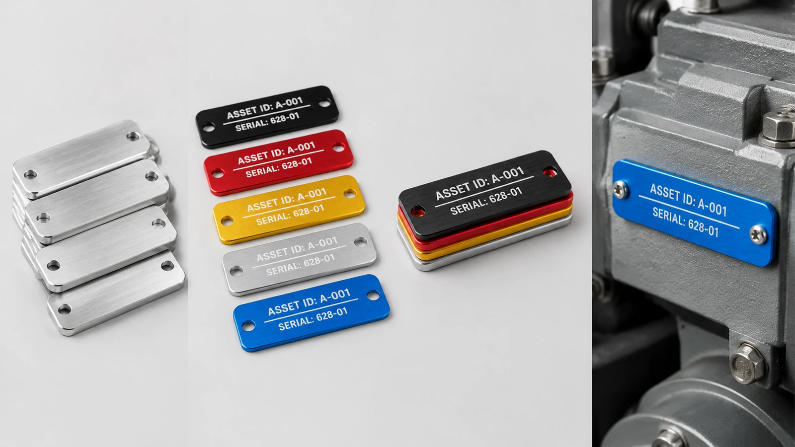 Versos de etiquetas prateadas em branco, etiquetas de alumínio impressas coloridas e uma etiqueta azul fixada em equipamento