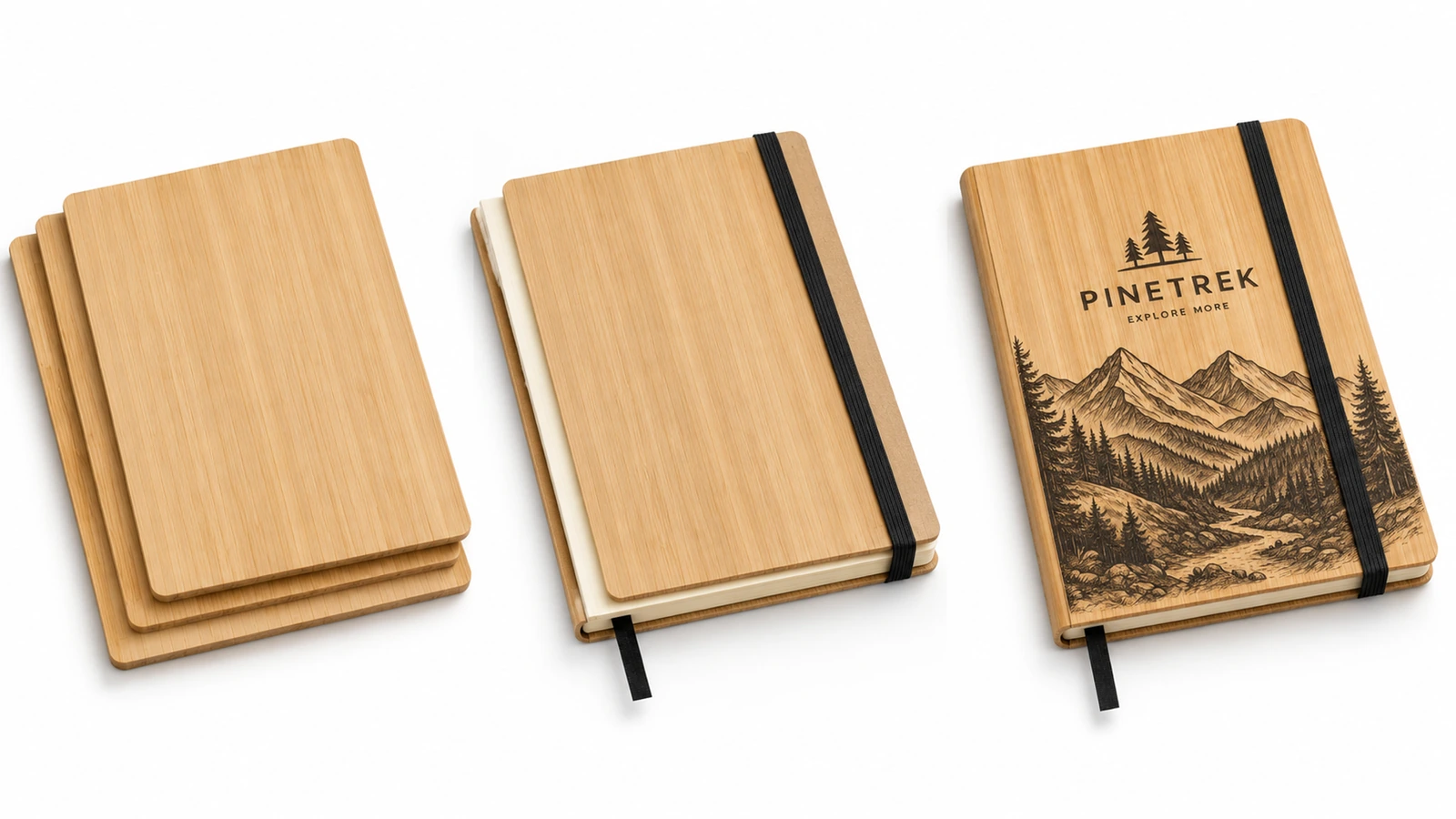 Capas lisas ao lado de um caderno sem decoração e de um caderno com desenho de montanha