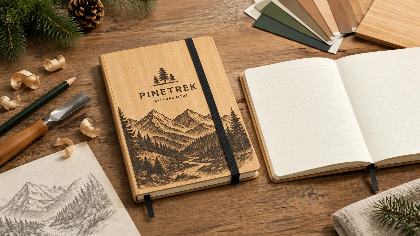 Caderno com capa de bambu e desenho de montanha ao lado de páginas pautadas, ferramentas de desenho e amostras de cor