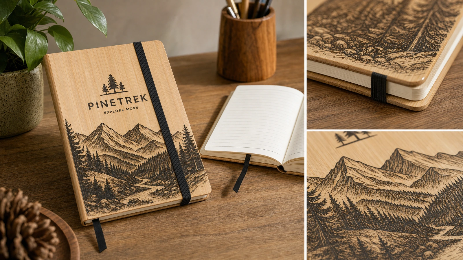 Colagem de um caderno de bambu sobre uma mesa, com close-ups da capa e da borda da encadernação
