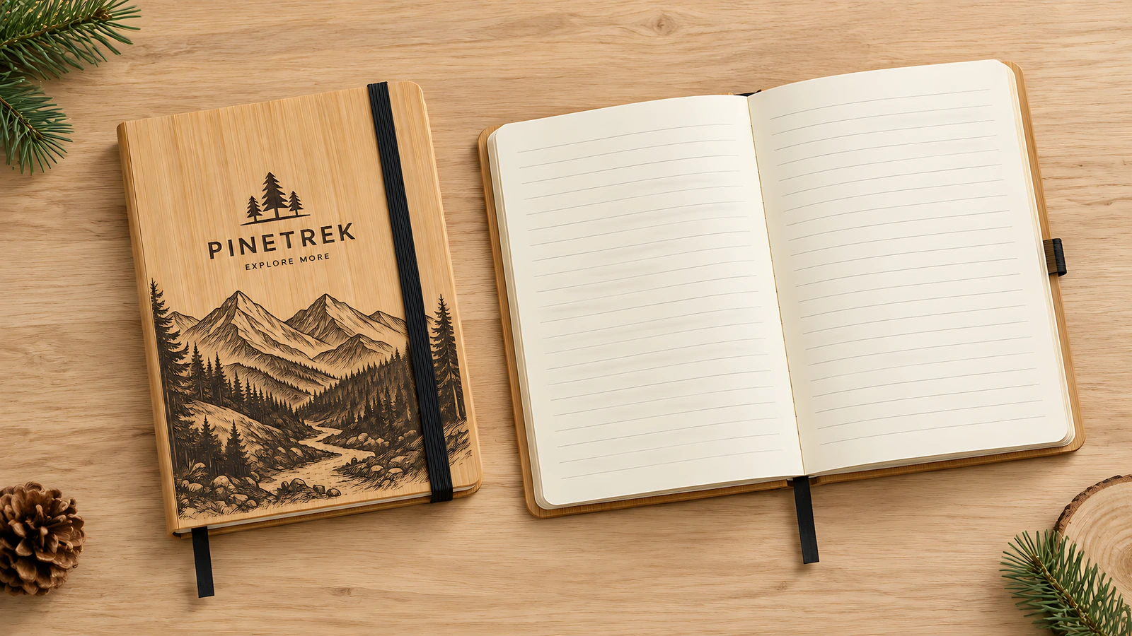 Caderno fechado com capa de bambu ao lado de um caderno pautado aberto sobre uma mesa de madeira