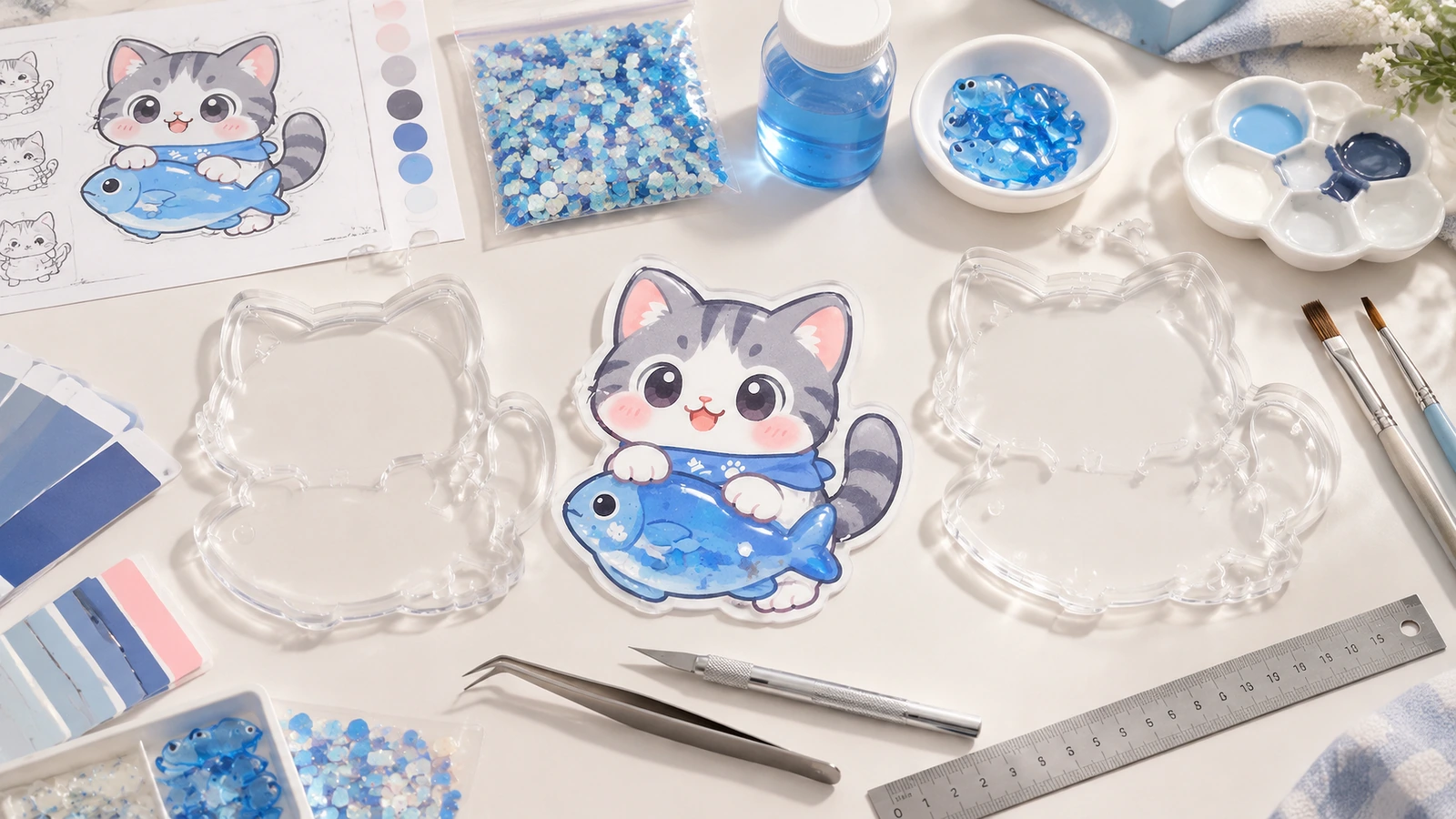 Arte de adesivo shaker de gato e peixe com cascas de blister transparentes, lantejoulas azuis, amostras de cor e ferramentas de artesanato sobre uma mesa