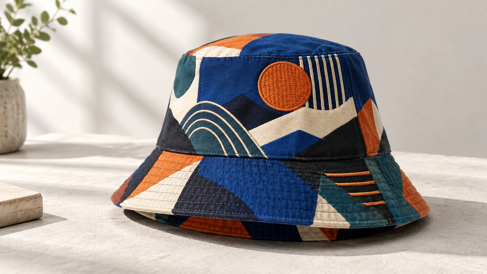 Chapéu bucket com padrão exposto sobre uma superfície de cor clara
