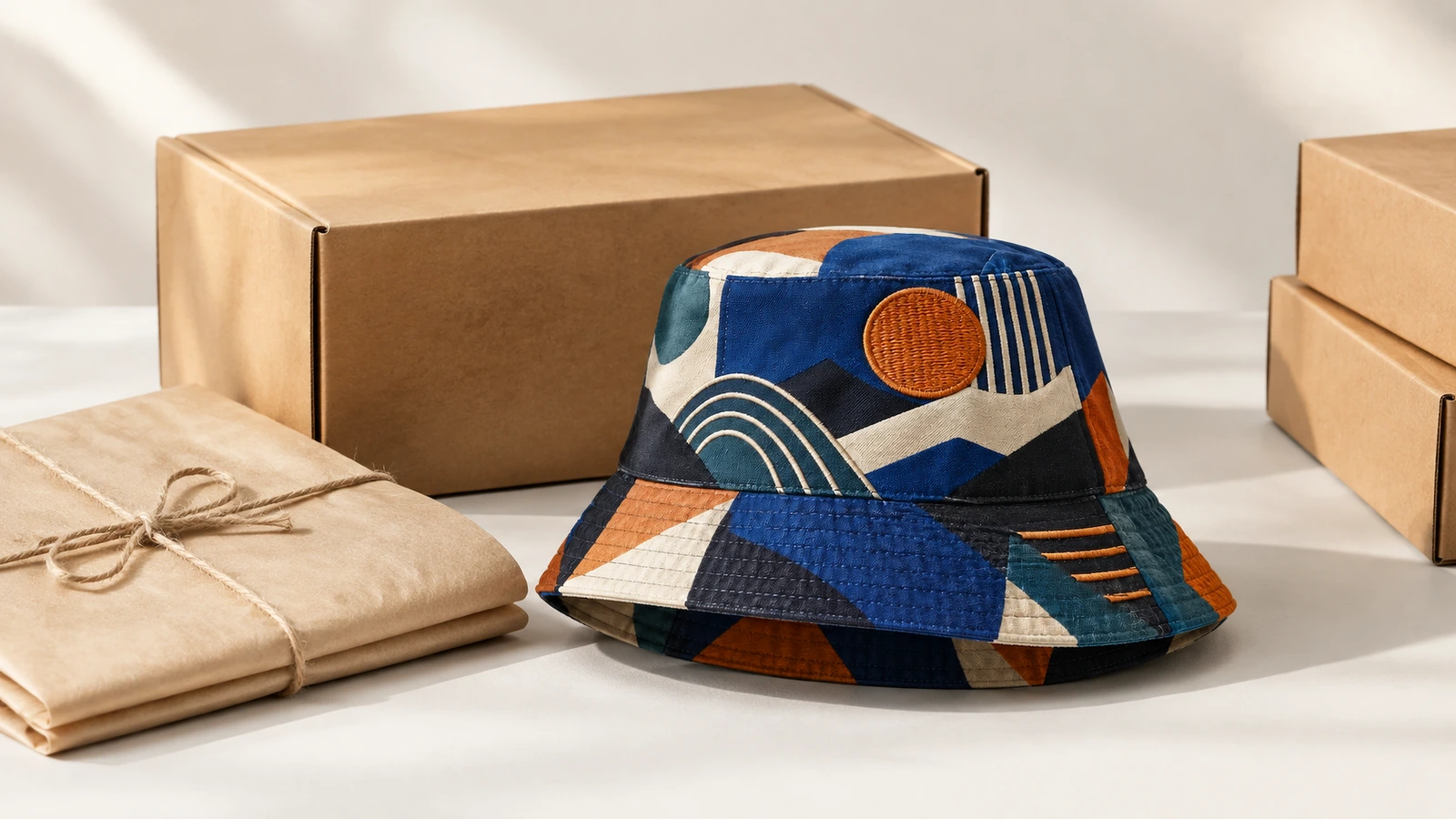 Chapéu bucket com padrão ao lado de caixas de papelão e de uma encomenda embrulhada em papel