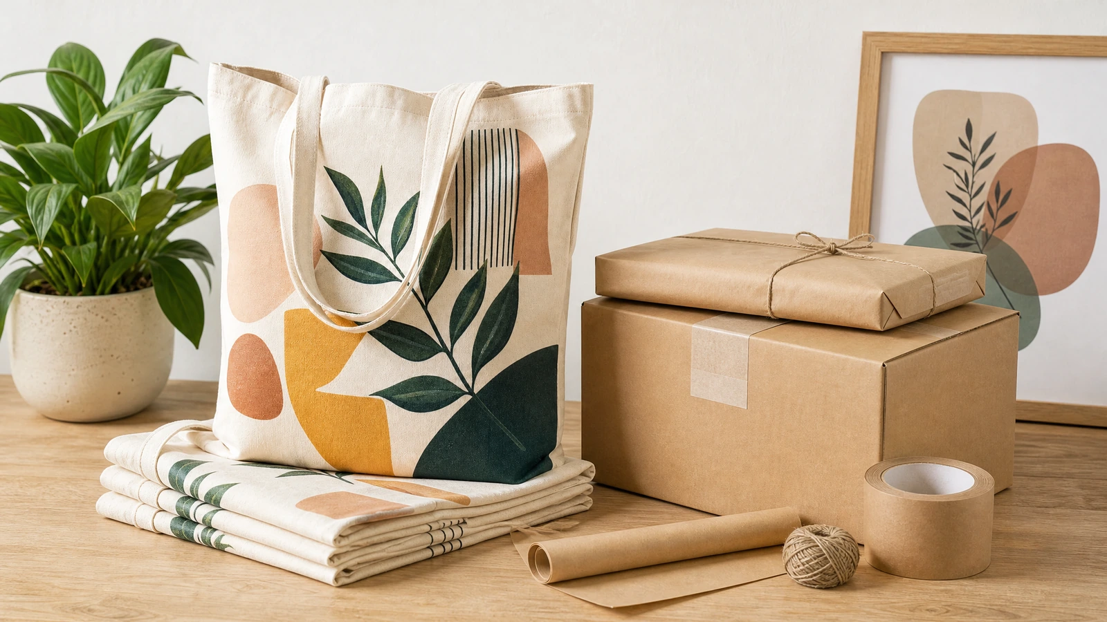 Sacolas de lona com materiais de embalagem Sacola de lona estampada e sacolas combinadas dobradas ao lado de caixas e materiais de embalagem