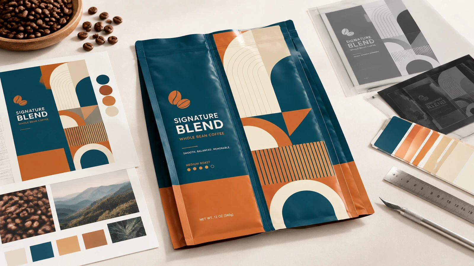 Arte e amostra de bolsa para café Amostra de embalagem para café em azul-petróleo e laranja ao lado de folhas de arte, grãos de café e amostras de cor