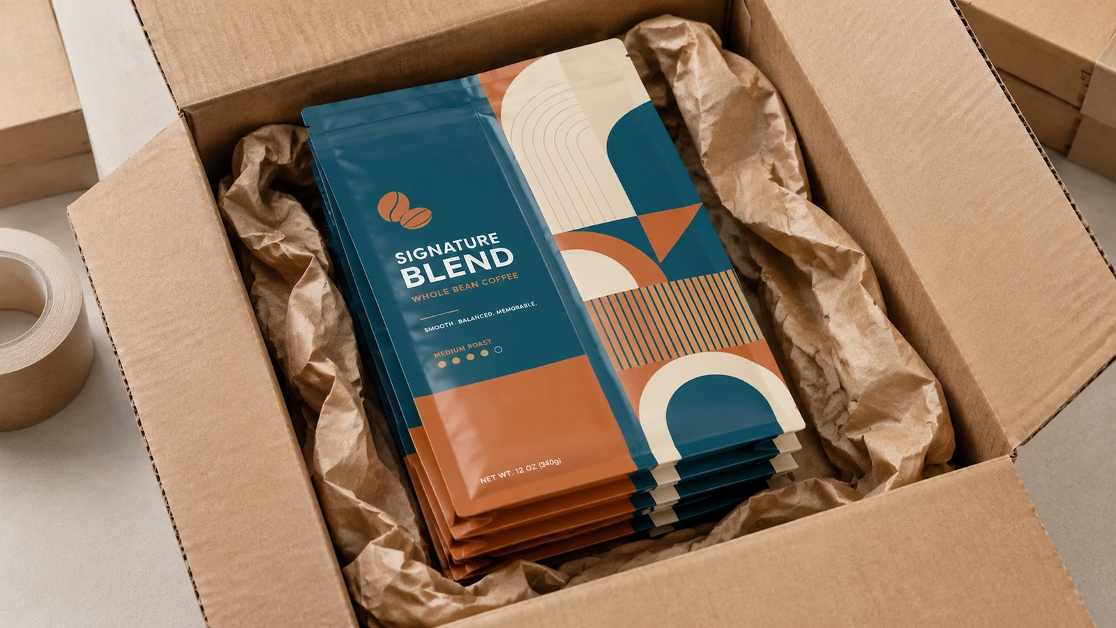 Bolsas para café em uma caixa de embalagem Pilha de bolsas para café impressas em uma caixa aberta, acomodadas com papel kraft