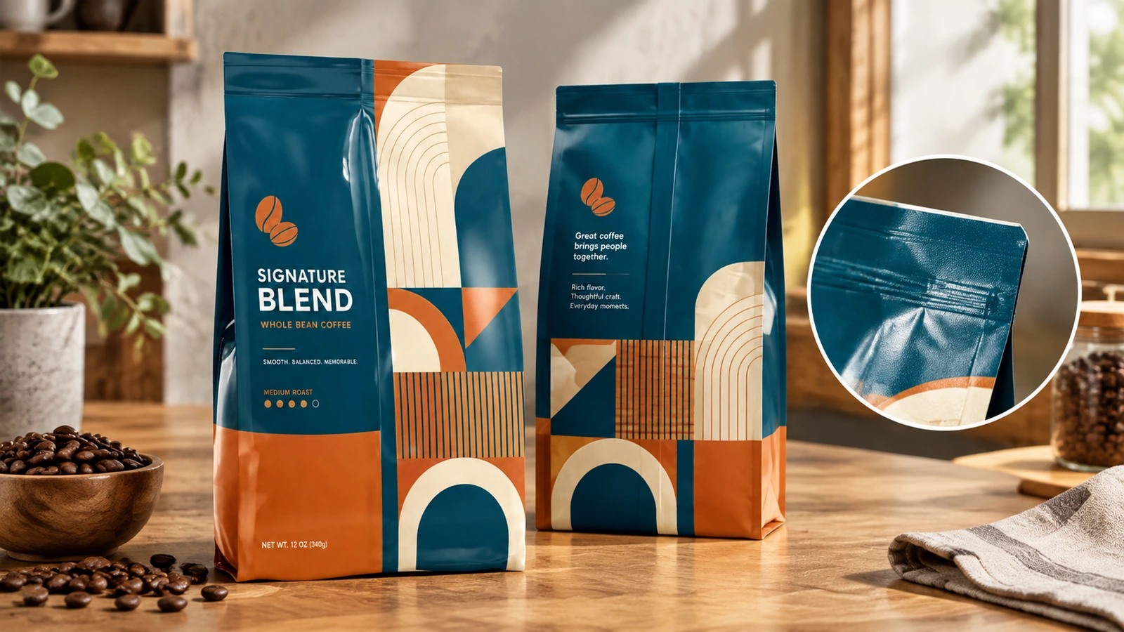 Frente, verso e detalhe da selagem da bolsa para café Vistas frontal e traseira da bolsa para café, com detalhe ampliado da borda selada superior