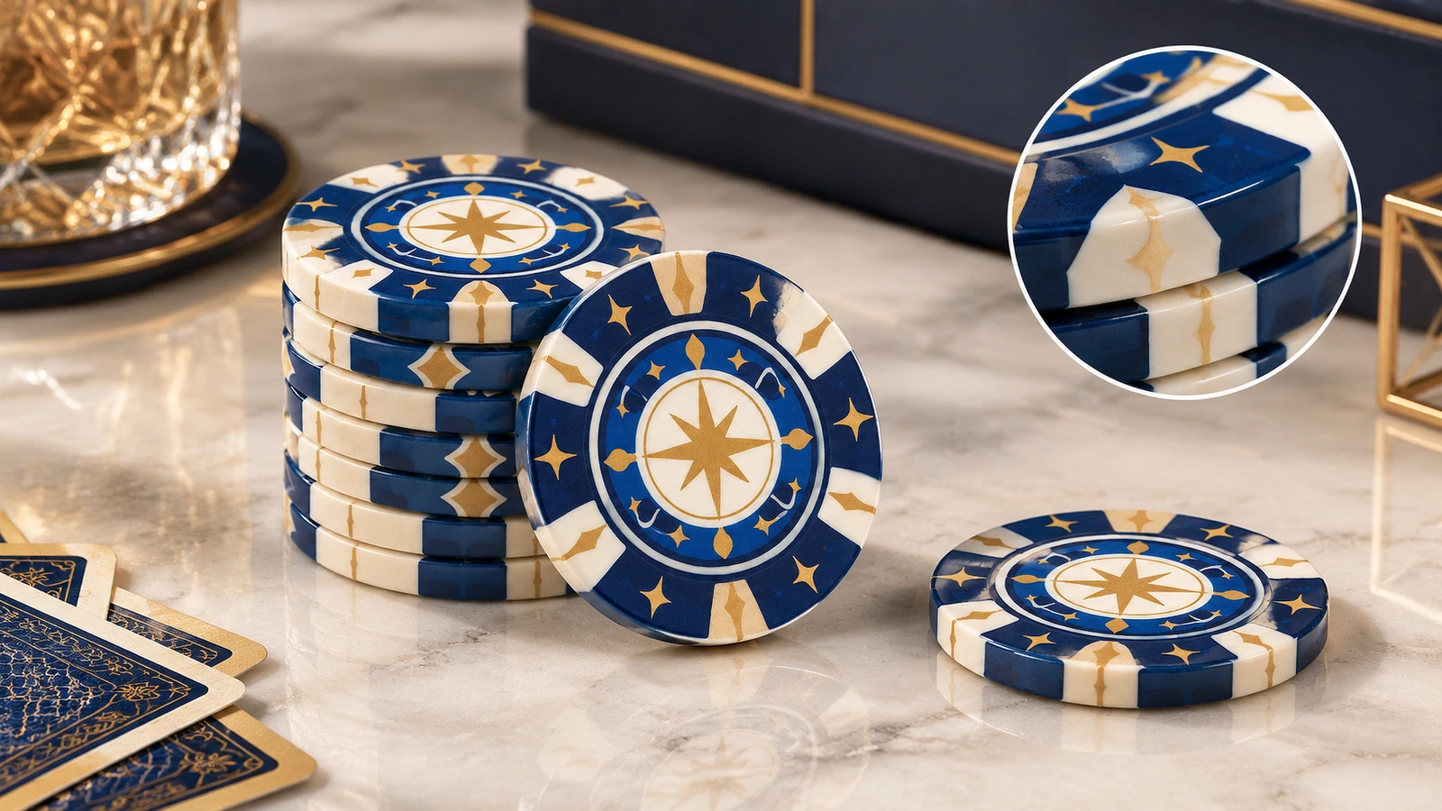 Discos com desenho de estrela sobre uma mesa, ao lado de cartas de baralho com um detalhe do padrão da borda