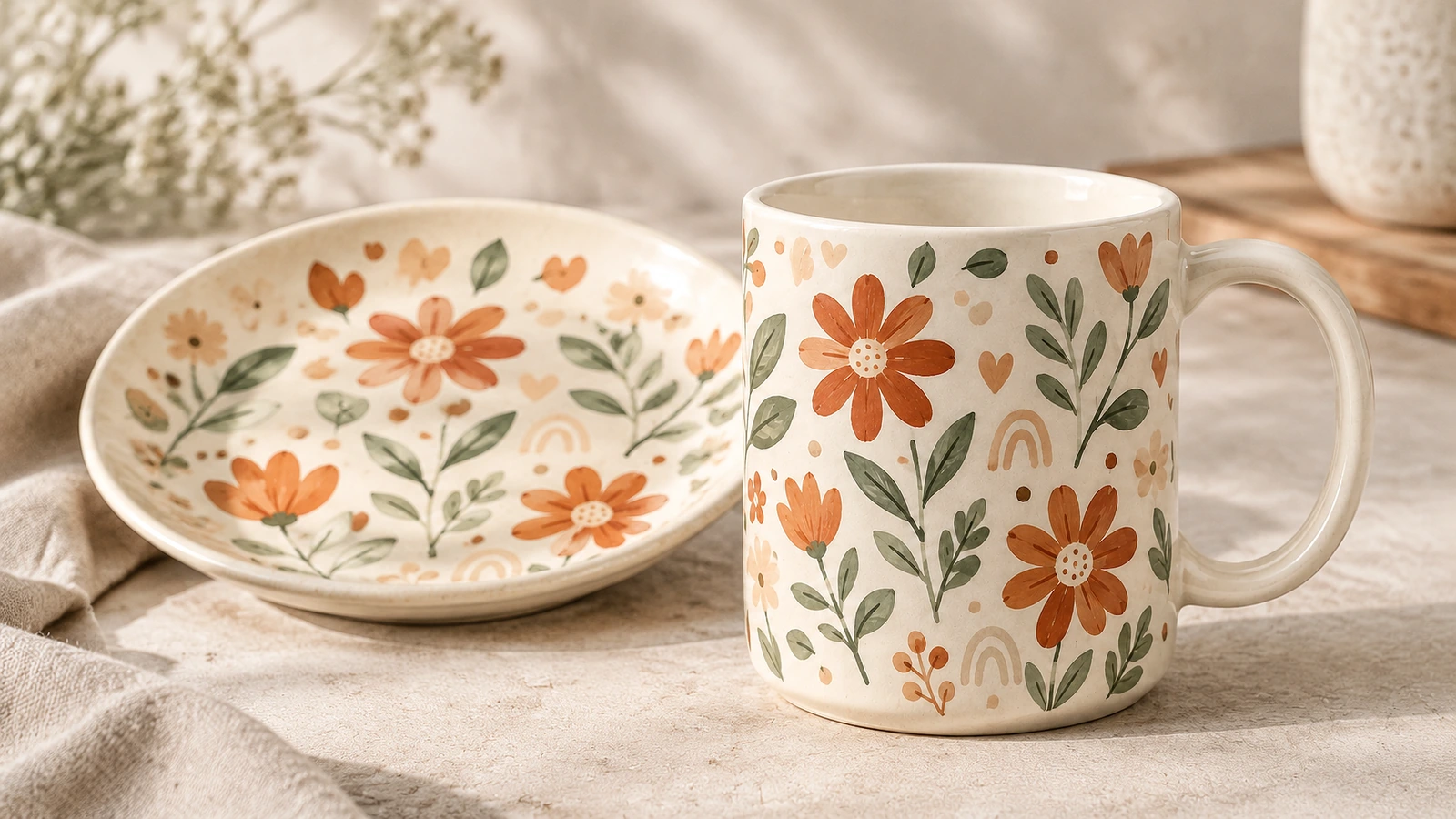 Caneca de cerâmica floral ao lado de um prato decorado combinando