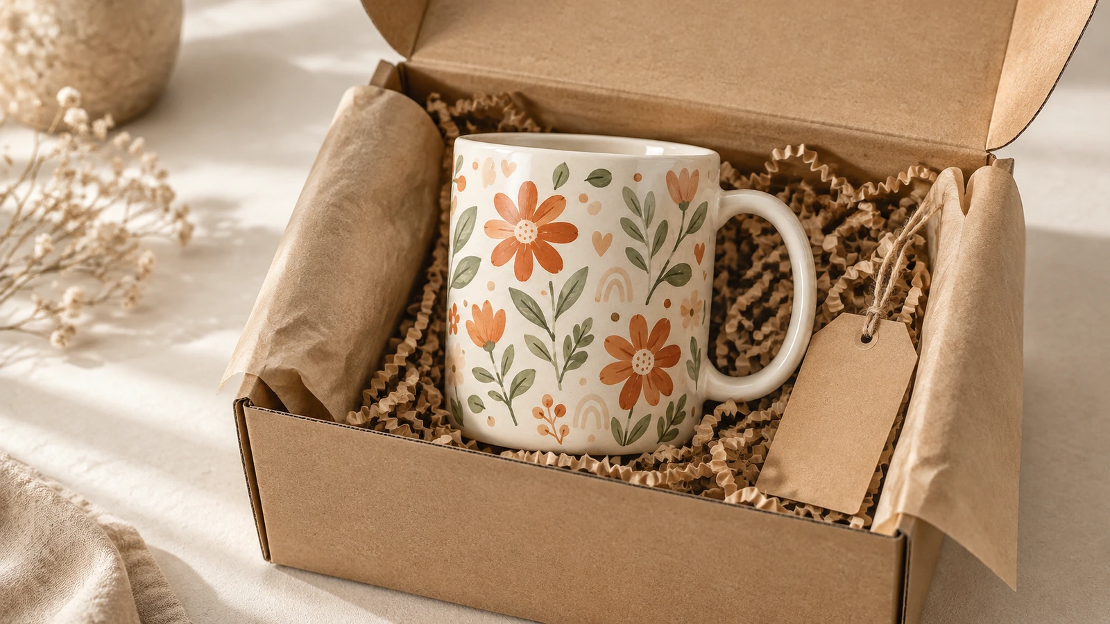 Caneca floral em caixa de presente de papelão aberta, com enchimento de papel