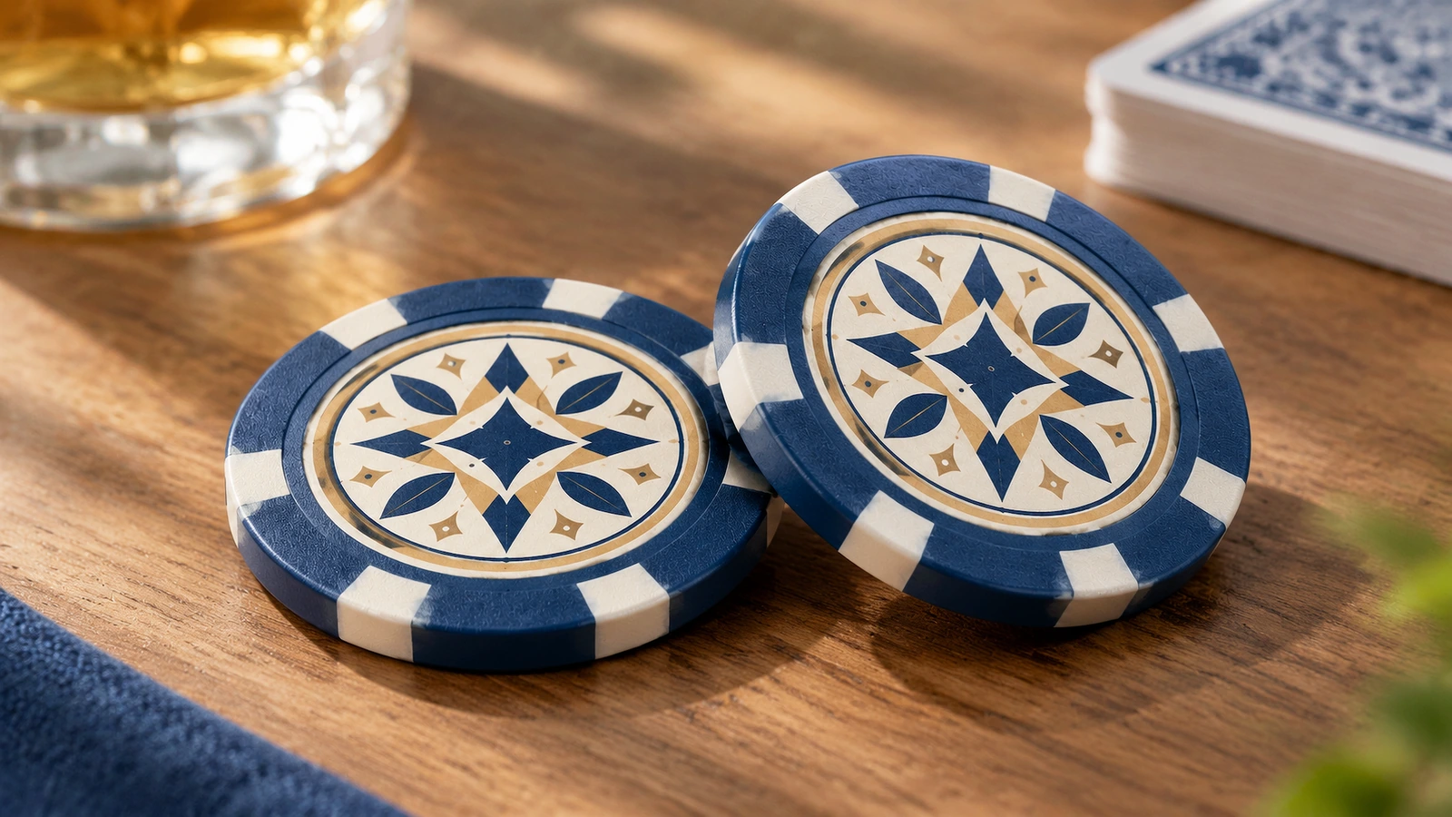 Fichas de pôquer ao lado de cartas de baralho Duas fichas de pôquer com design geométrico sobre uma mesa de madeira, ao lado de um baralho