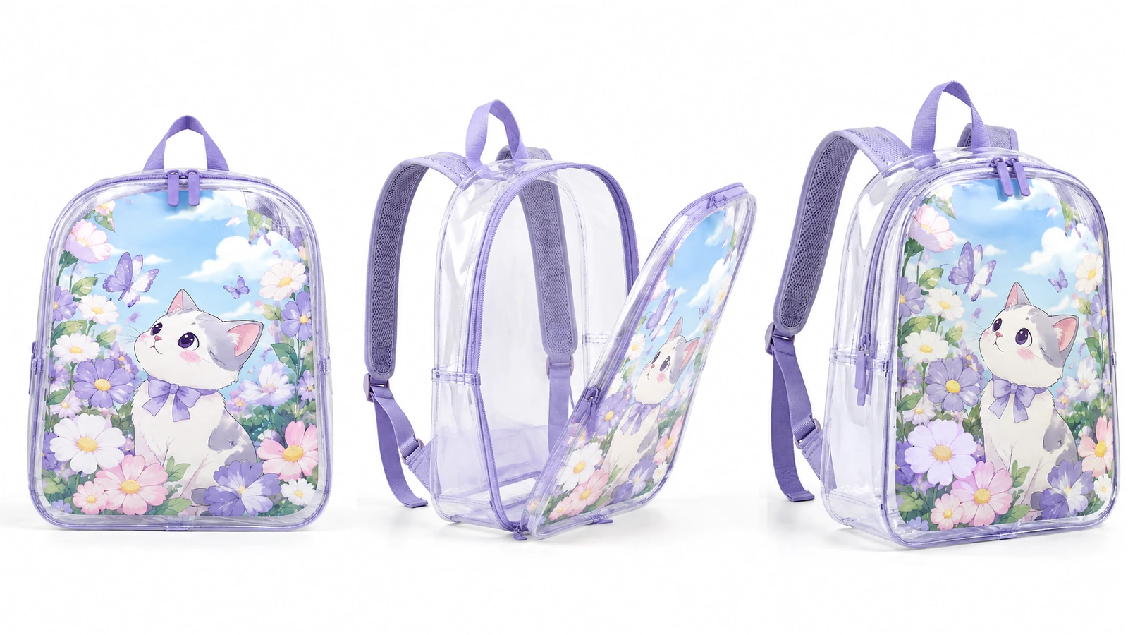 Vistas frontal e lateral da mochila Três vistas de uma mochila transparente com acabamento roxo e painel frontal floral com gatinho