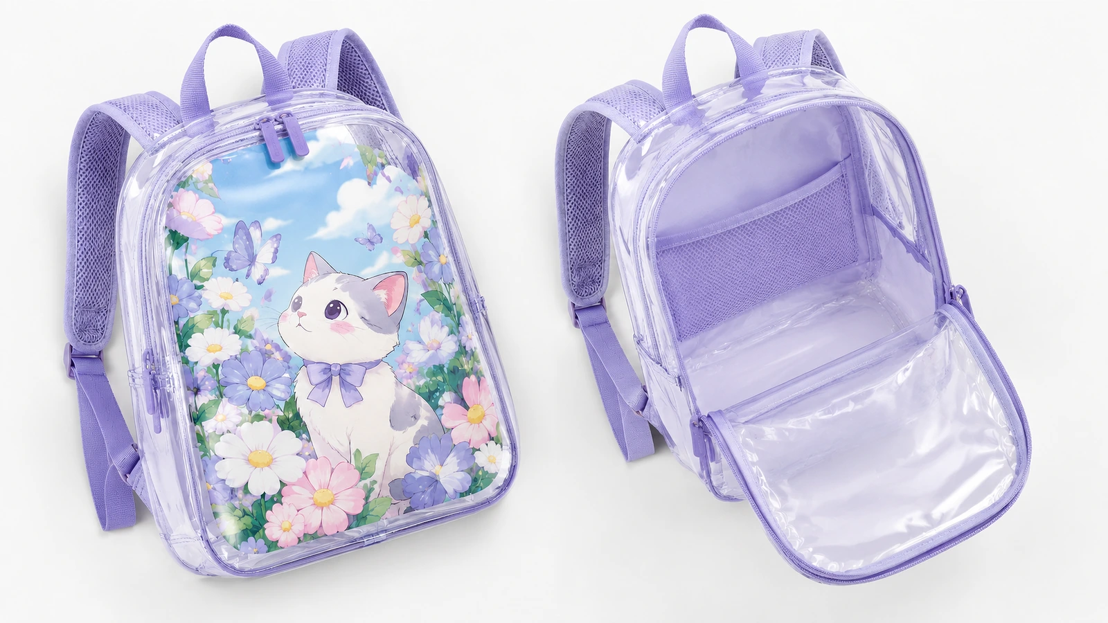 Vistas frontal e aberta da mochila Vistas frontal e aberta de uma mochila transparente com acabamento roxo e painel frontal com gatinho e flores