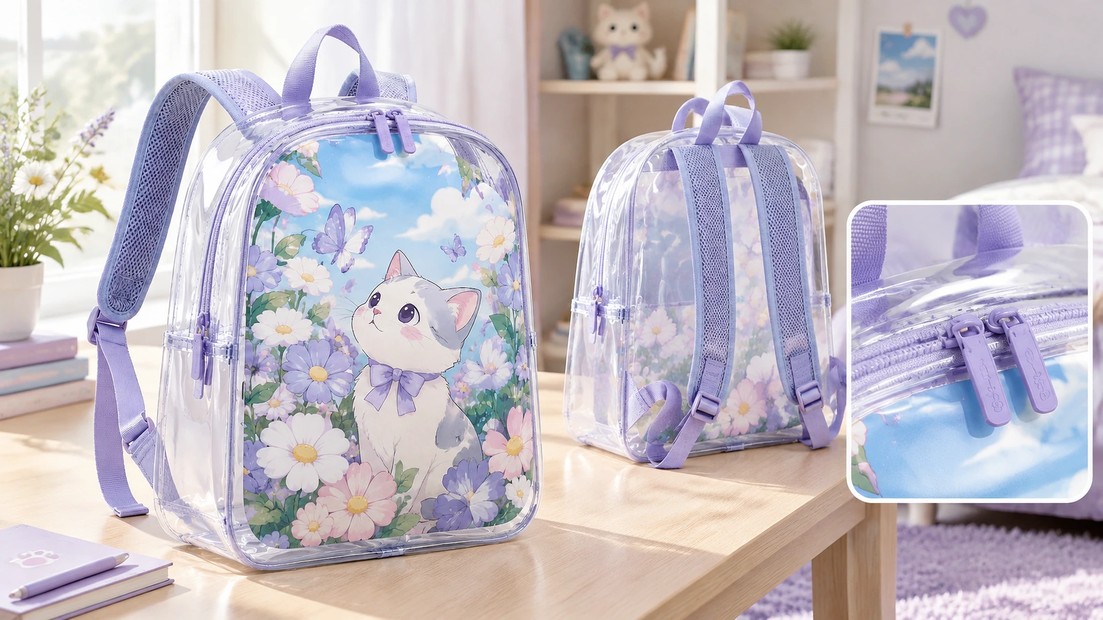 Alças da mochila e detalhe do zíper Vistas frontal e traseira de uma mochila com acabamento roxo e detalhe ampliado do zíper