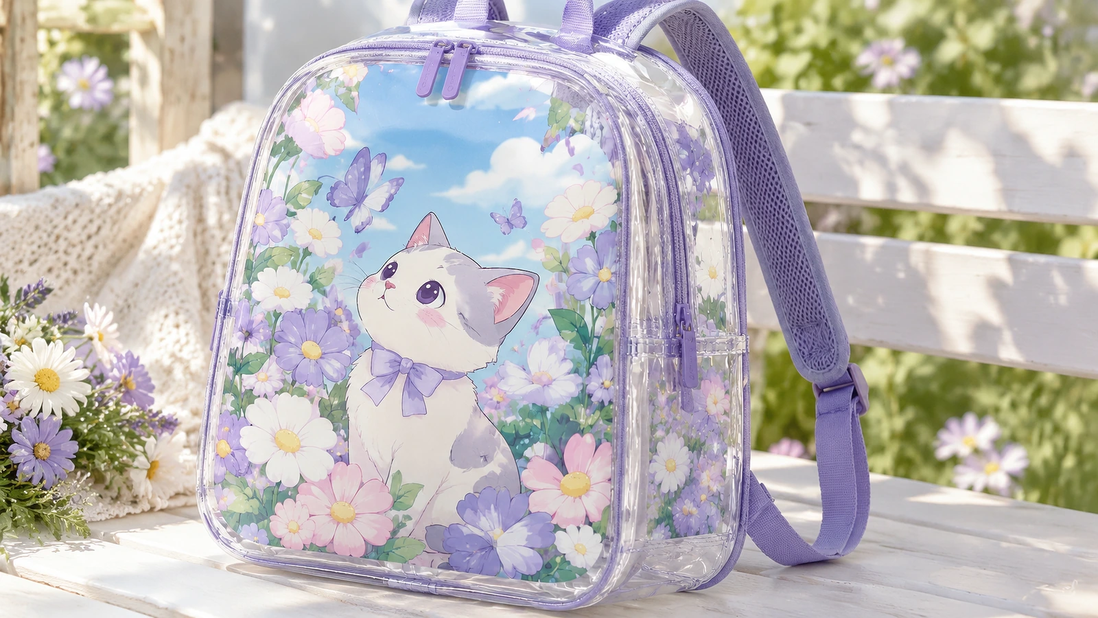 Exibição ilustrativa de mochila ao ar livre Mochila transparente com acabamento roxo e arte floral com gatinho sobre um banco ao ar livre