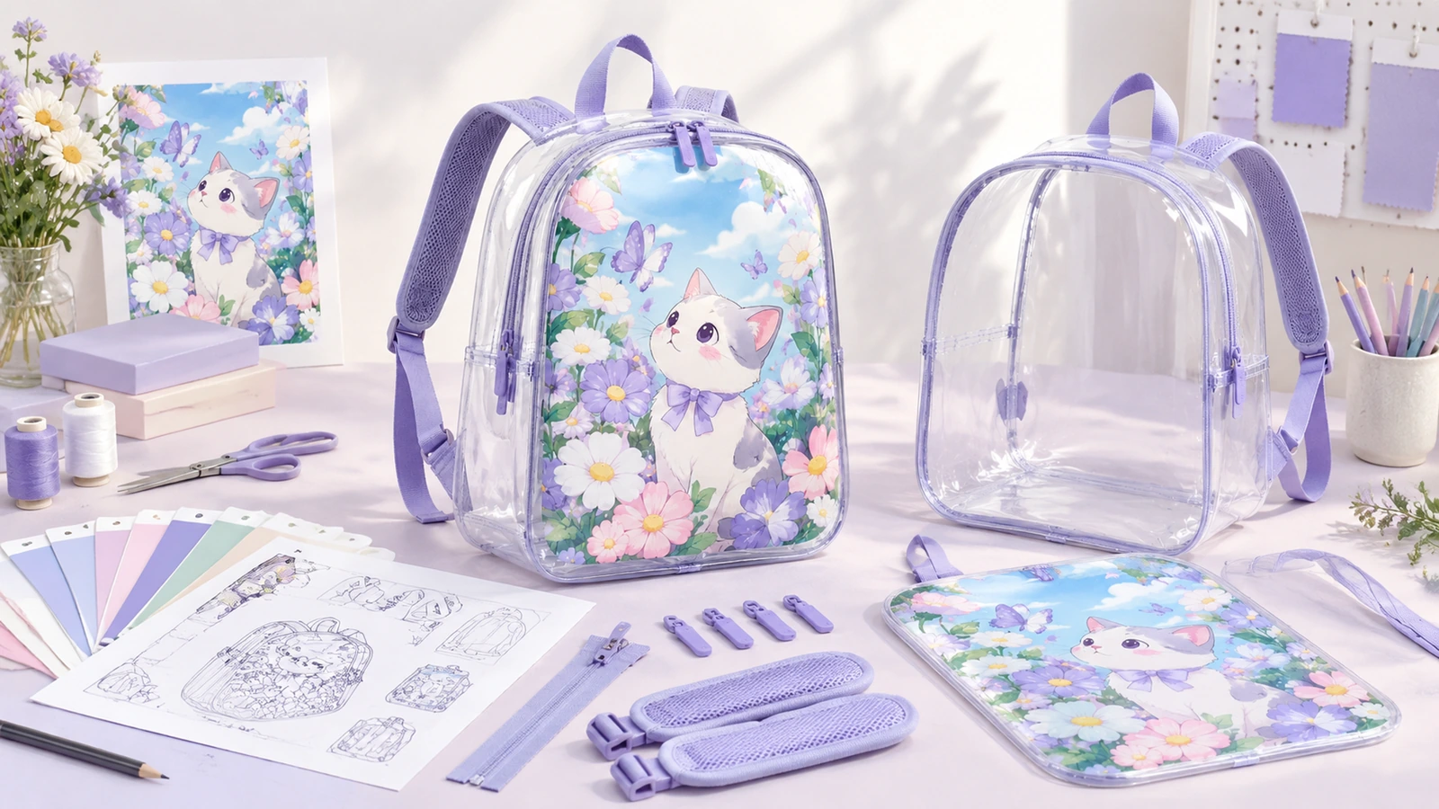 Conceitos de arte e acabamento de mochilas Mochilas transparentes com acabamento roxo, arte com gatinho e flores, amostras de cores e componentes de amostra sobre uma mesa