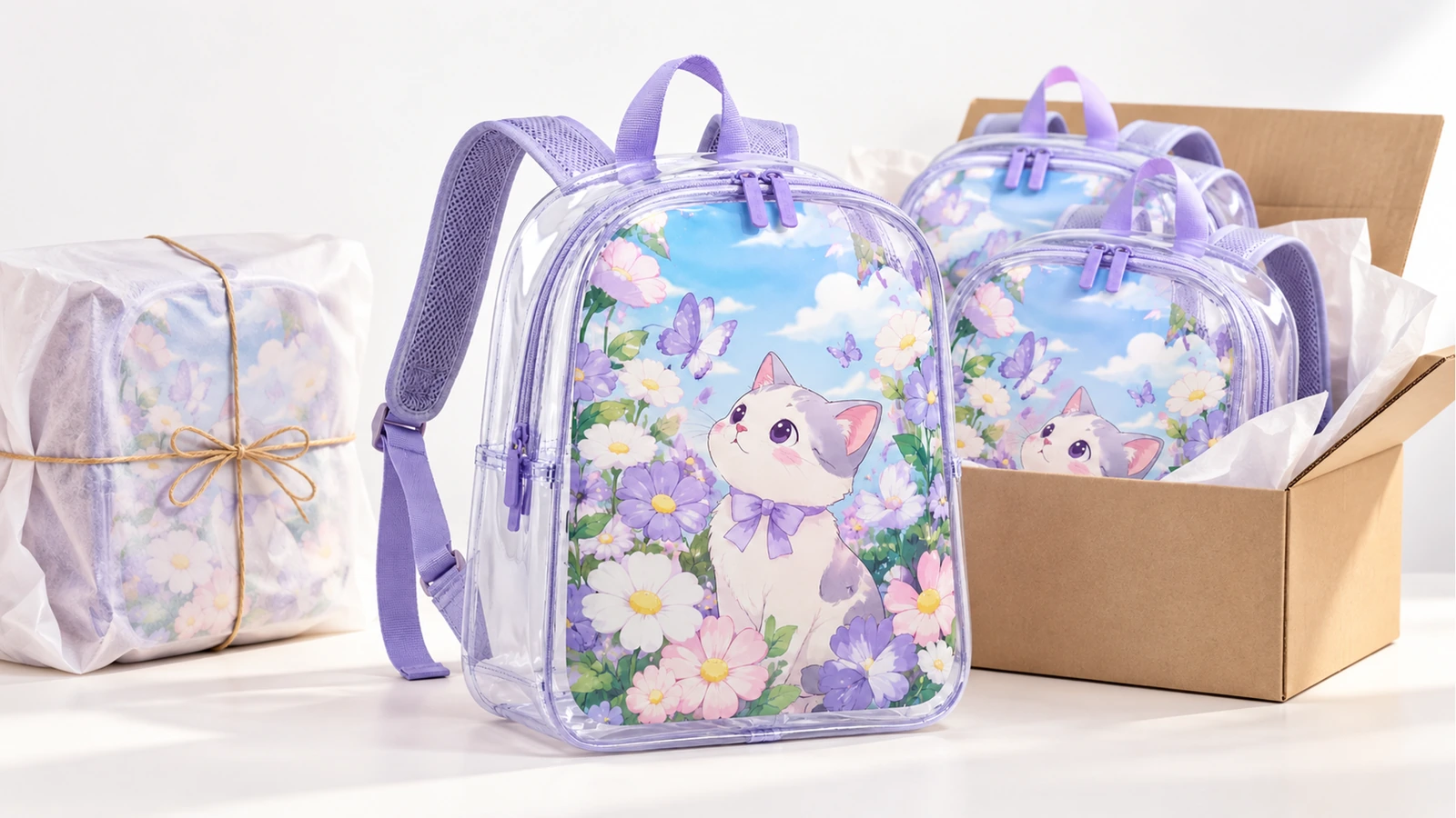 Mochilas e embalagem ilustrativa Mochilas com gatinho e flores ao lado de um pacote embrulhado e de uma caixa de papelão aberta