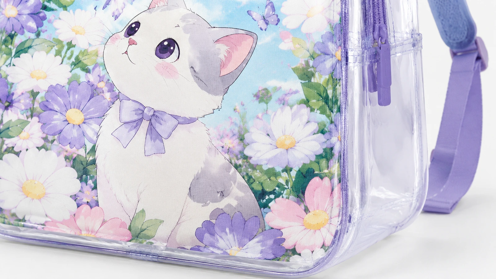 Arte da mochila e detalhe do painel lateral Close-up da arte com gatinho e flores, do painel lateral transparente e da alça roxa da mochila