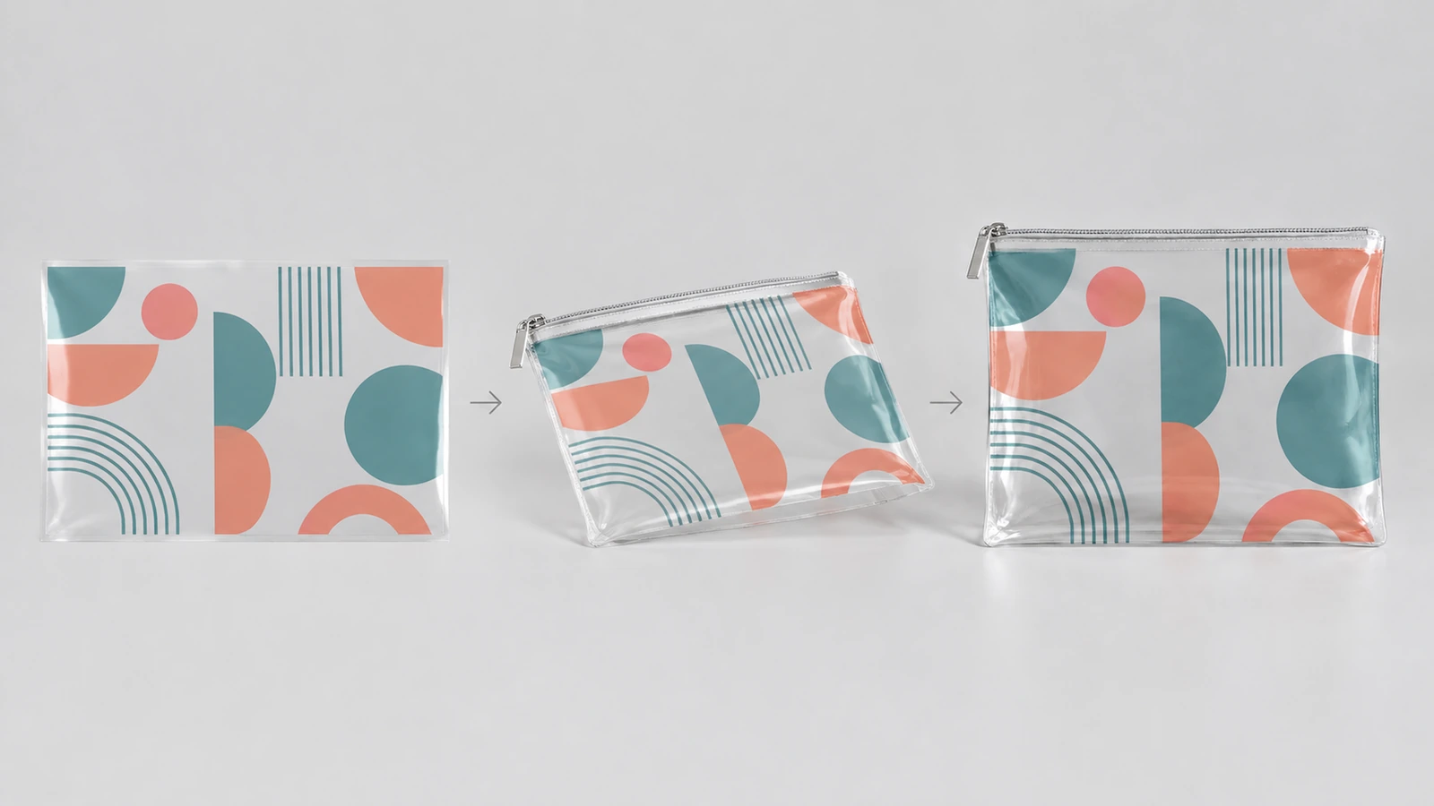 Painel de arte e bolsas com zíper acabadas Sequência mostrando um painel de arte geométrica e duas bolsas transparentes com zíper acabadas