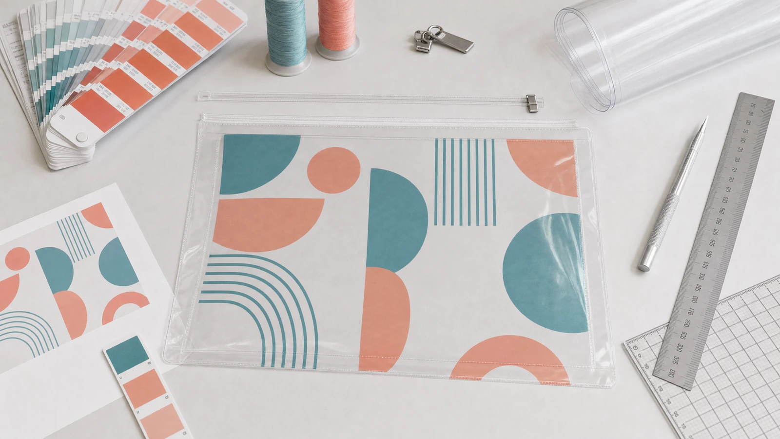 Bolsa transparente com zíper e materiais de design Bolsa transparente com zíper e estampa geométrica ao lado de folhas de arte, amostras de cor e instrumentos de medição